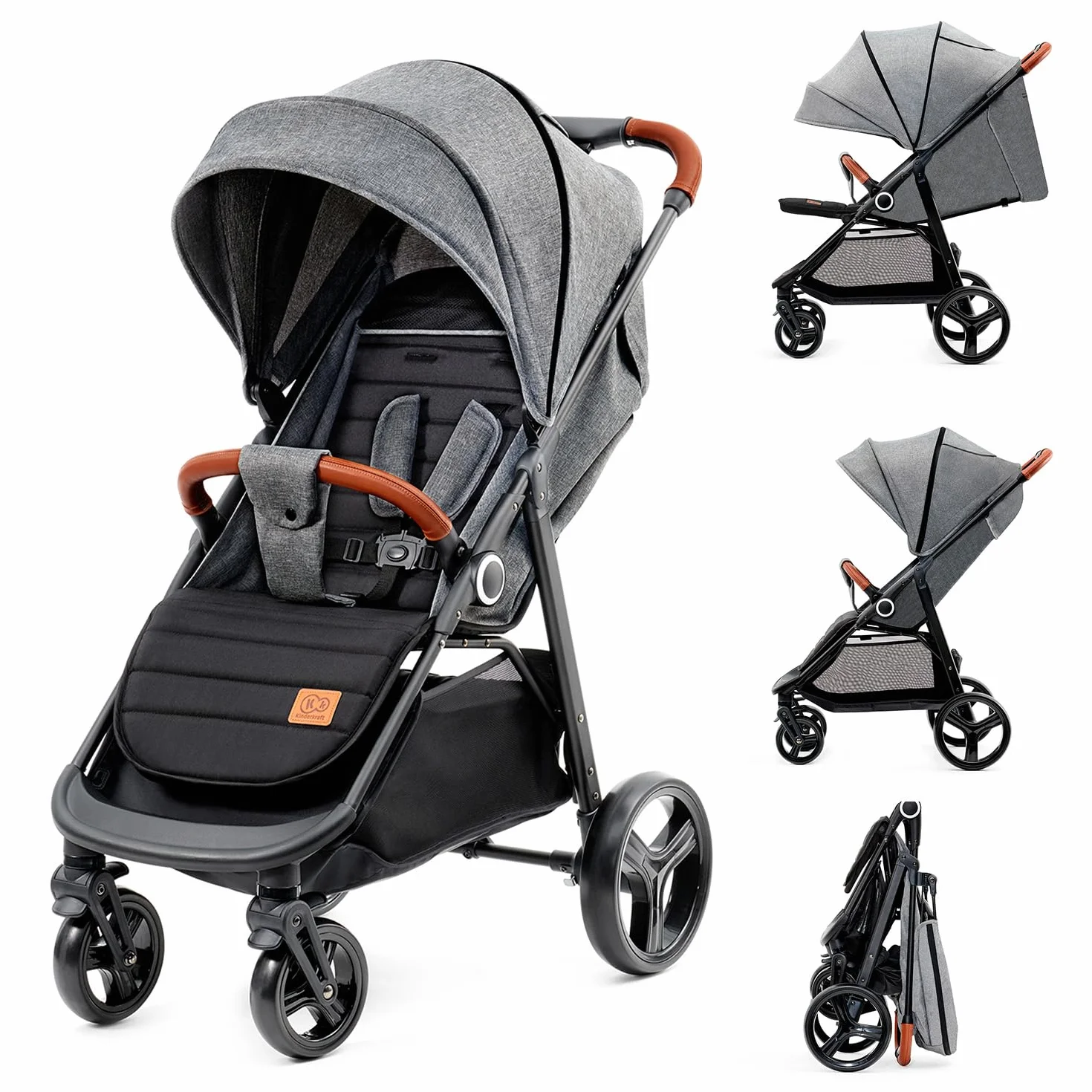 Kinderkraft GRANDE PLUS Passeggino Leggero 22 kg Pieghevole una Mano Cappottina XL Grigio