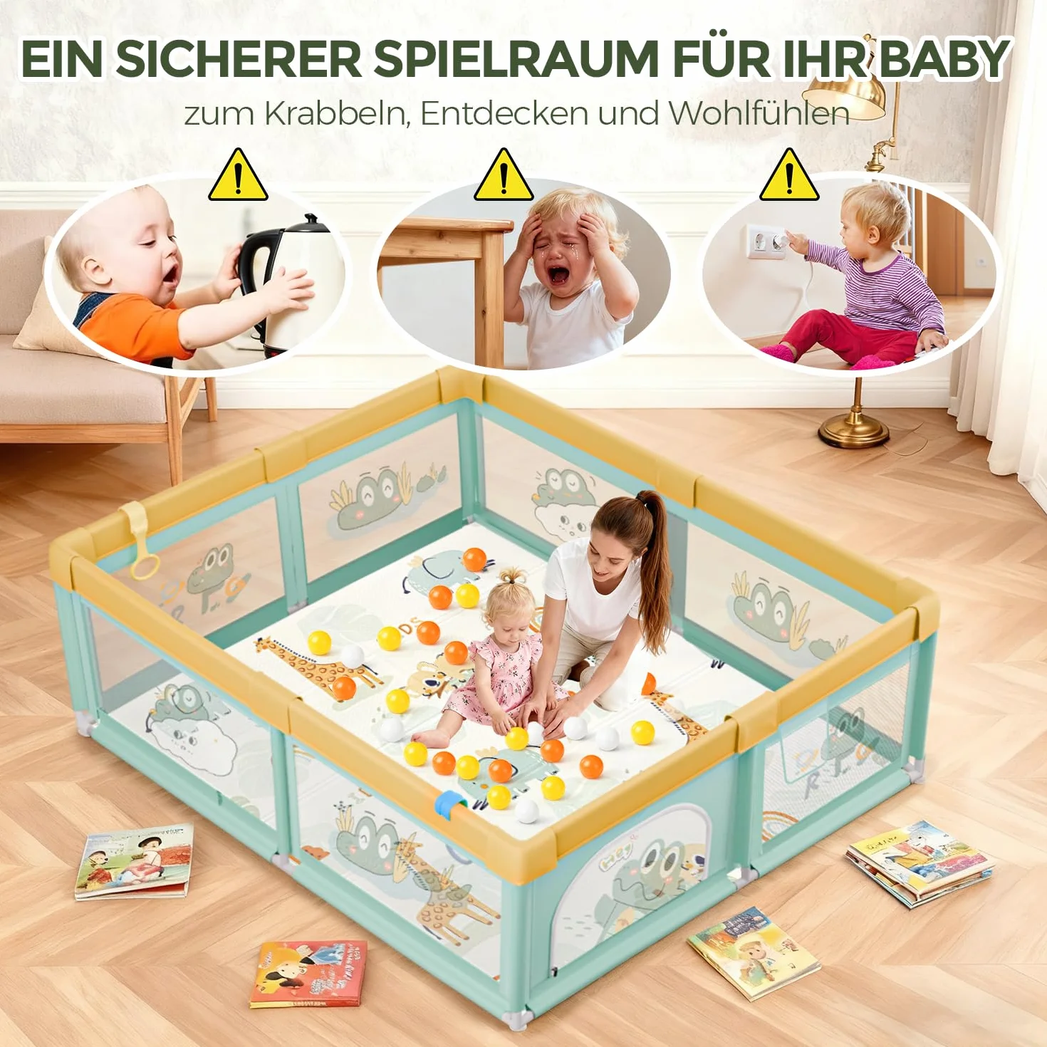 Box Bambini 180x200 con Tappeto, Recinto per Bambini con 360° Rete Traspirante, Tessuto Oxford, Laterali con Zip, Antiscivolo Robusta Centro Attività, 60 Palline, 4 Maniglie, Coccodrillo verde