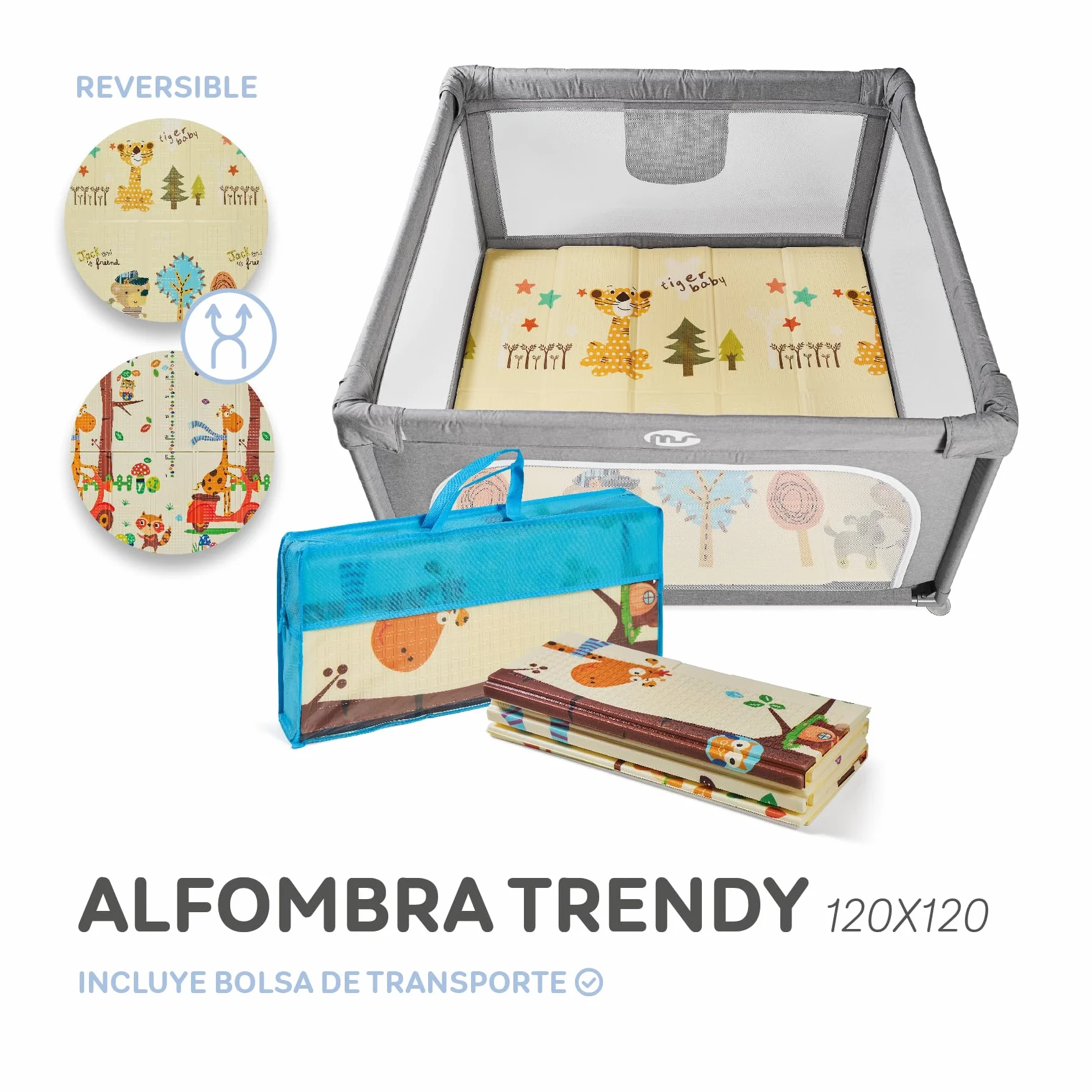 MS BabyWorld - Recinto per bambini L + Tappeto gioco per bambini 120 * 120cm - Tappeto bifacciale, altamente imbottito (spessore 1 cm), Box molto grande e alto - pieghevole e con borsa trasporto
