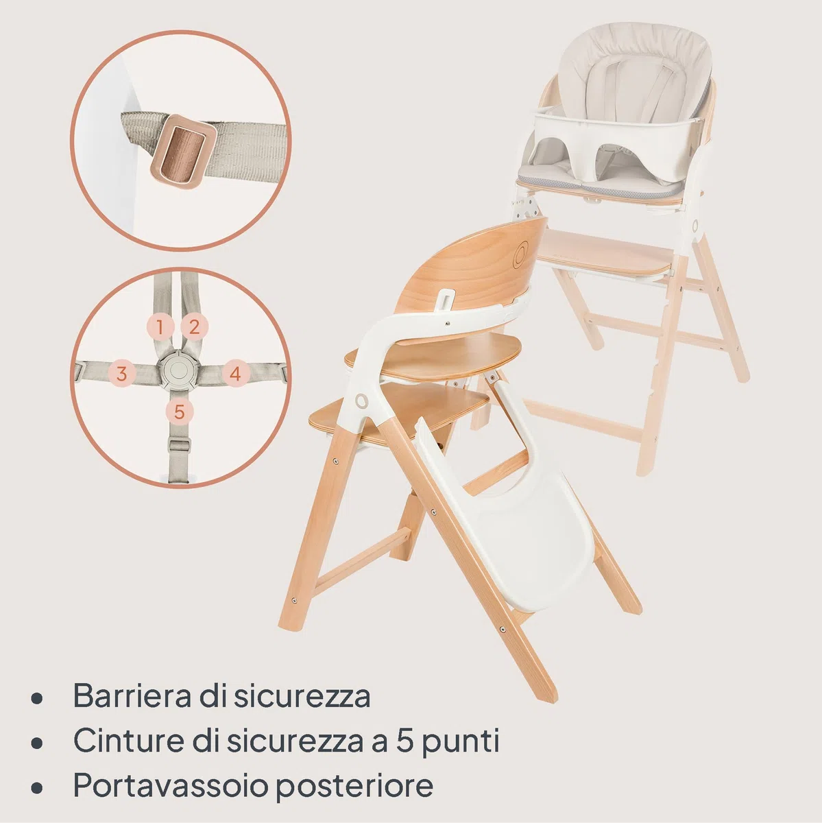 LIONELO Seggiolone Pappa in Legno Megan, Cresce con il Bambino da 6 Mesi a 110 kg, Poggiapiedi regolabile, Cinture di sicurezza a 5 punti, Cuscino per Seduta, Pulizia facile (Legno Bianco)