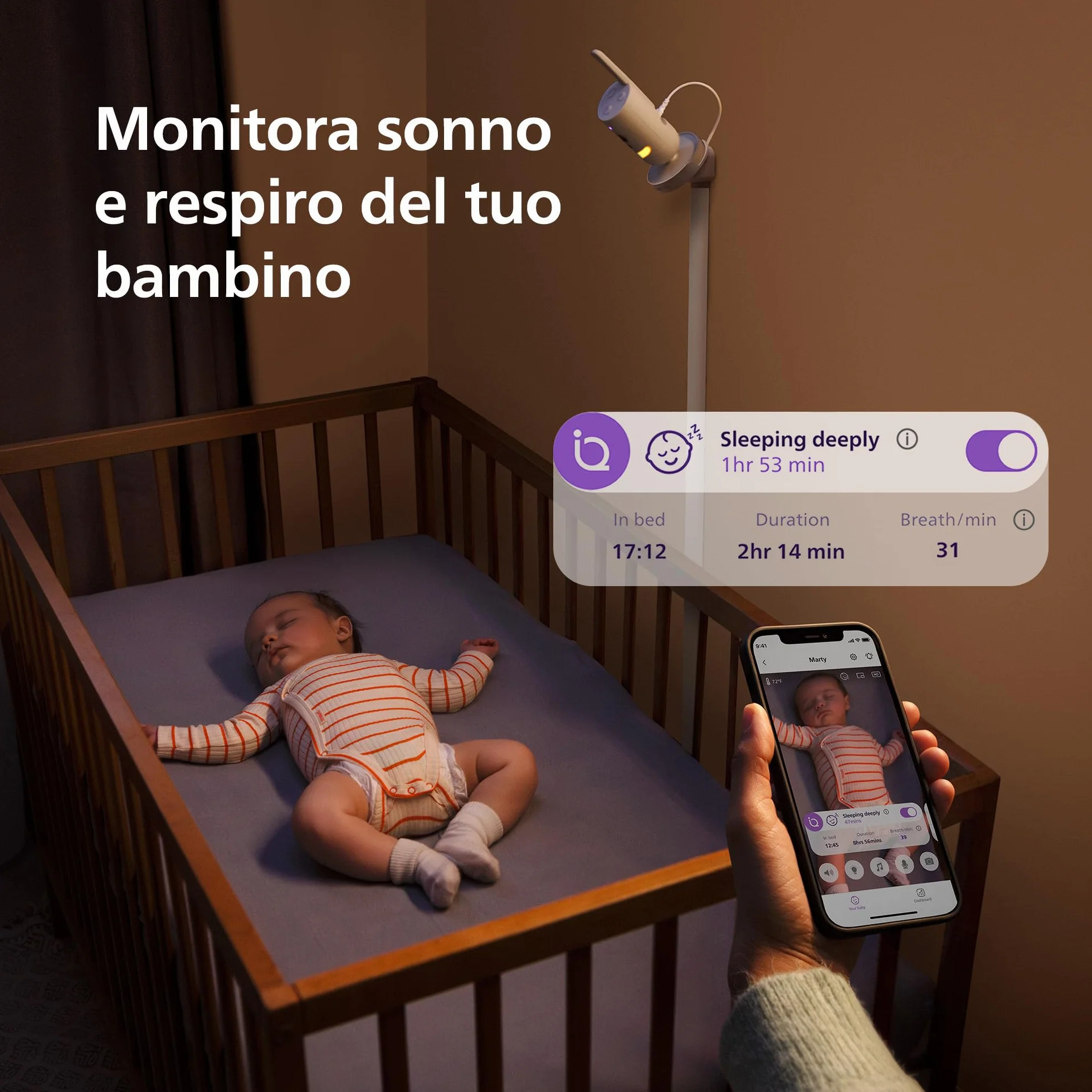 PHILIPS Avent Baby Monitor SCD974/26 HD 1080p videocamera con IA sonno respirazione pianto DEKRA sicurezza