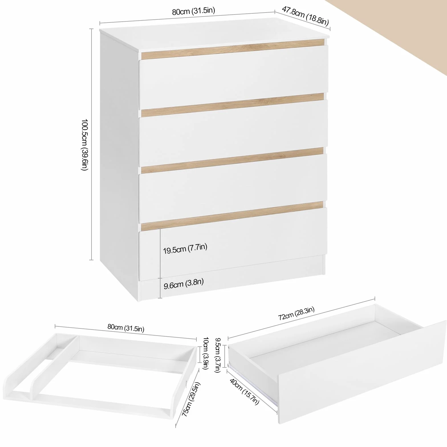 WOLTU Mobile Fasciatoio per Bambini, Cassettiera 4 Cassetti, Bianco+Rovere