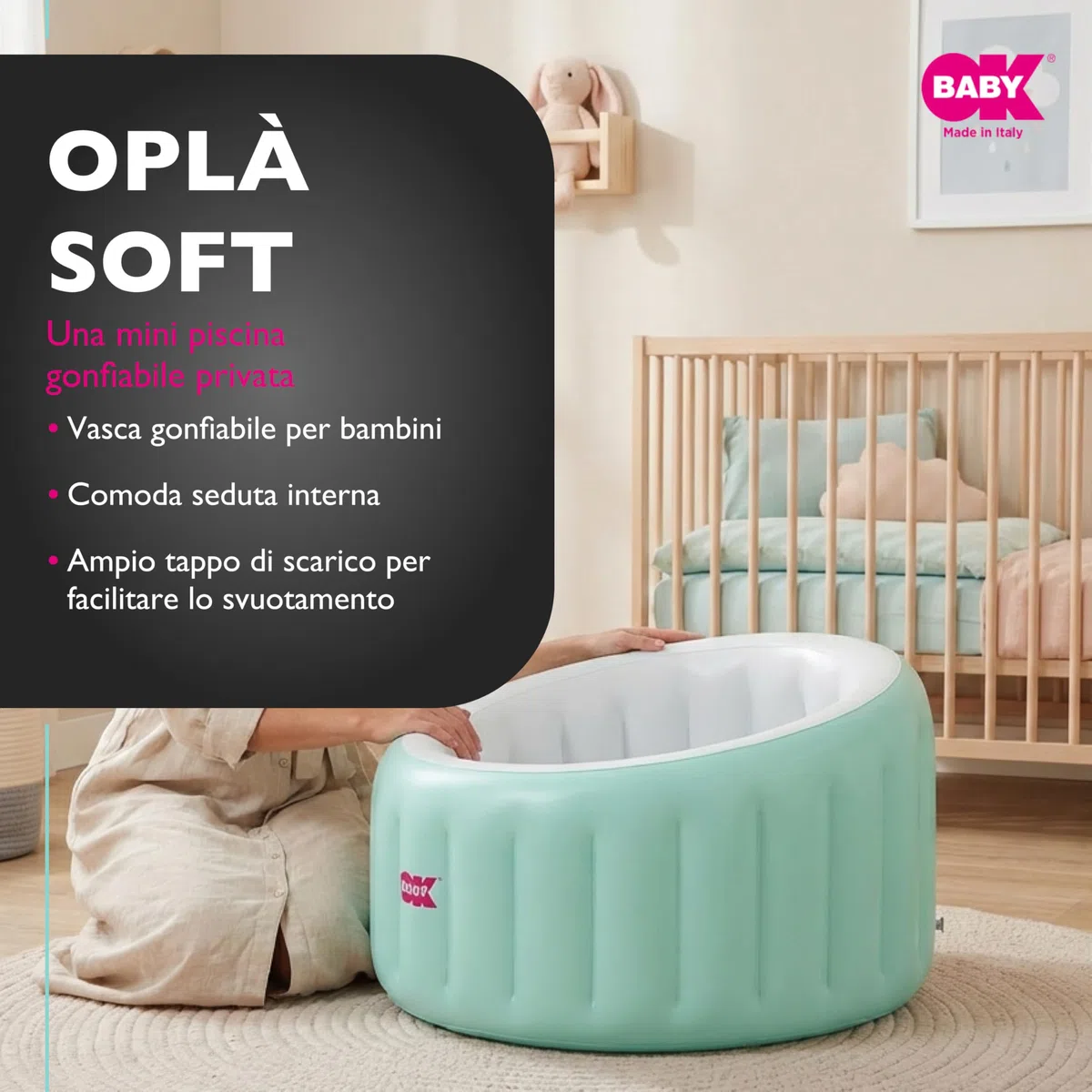 OKBABY Vaschetta Gonfiabile Oplà Soft per Bagnetto Bambino - da 8 a 36 Mesi - Azzurro