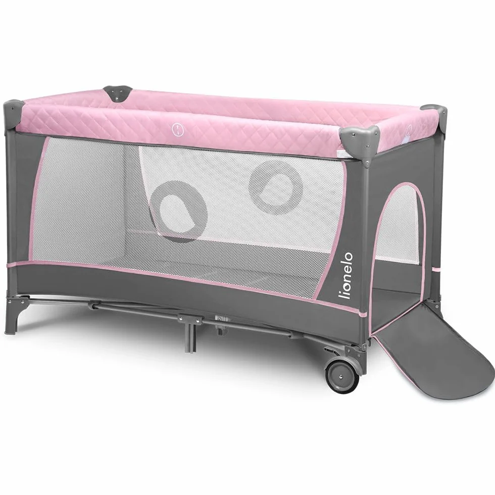 lionelo FLOWER Lettino da campeggio neonato Dalla nascita fino a 36 mesi, Pieghevole, Duo livelli, Entrata laterale, con Matteraso, Fasciatoio, Portaoggetti, Giocattoli pendenti, Borsa