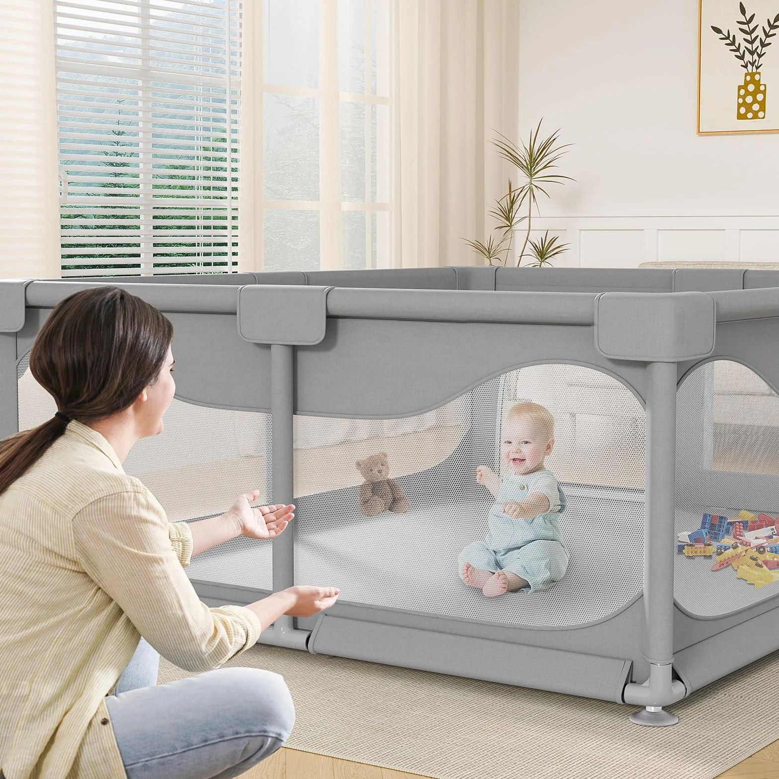 Box Bambini 200 x 180 x 68 cm, Recinto per Bambini Grande con Base a Ventosa, Tessuto Oxford 300D, Facile da Montare e da Pulire, Box Neonato - Senza Tappeto & Palline, Grigio