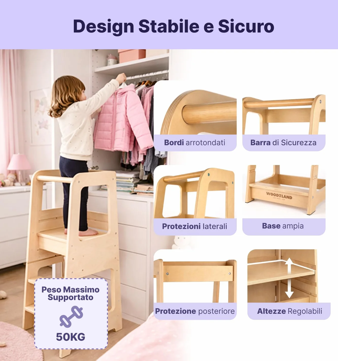 WOODYLAND Torre montessoriana Live, Scala bambini regolabile in altezza, Legno vero 40x39,5x90 cm