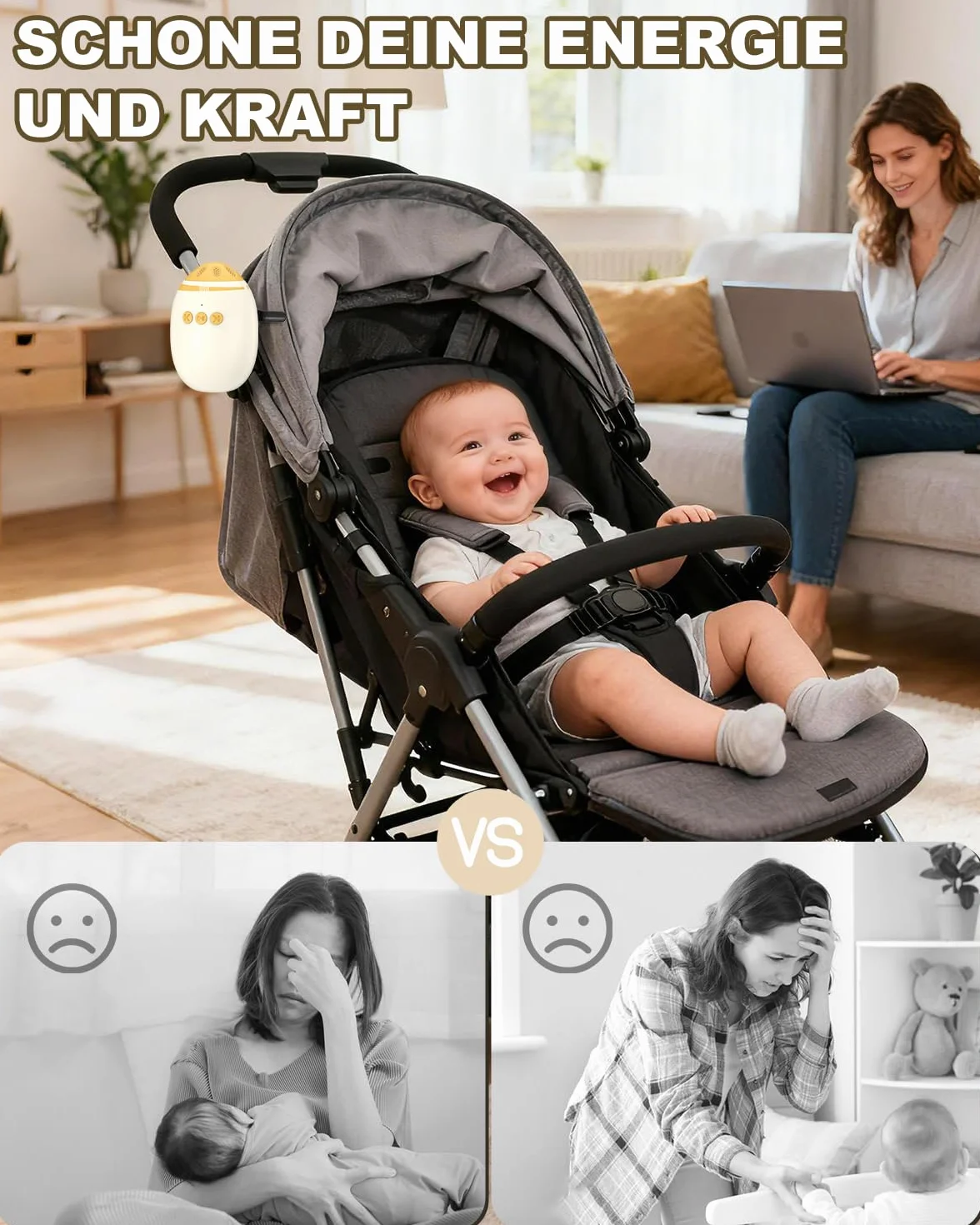 Passeggino con rumore bianco, vibratore per passeggino con 11 suoni rilassanti, supporto per dormire ricaricabile, regolazione continua, funzione portatile e Bluetooth per passeggini e passeggini