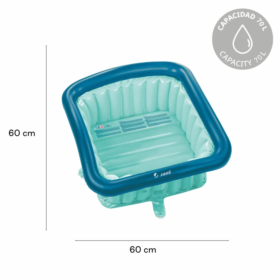 Jané Riduttore Doccia Bambino Gonfiabile 60x60 cm, Vaschetta Portatile, 70L, Ventose, Tappo Scarico, Pompa Inclusa, Blu