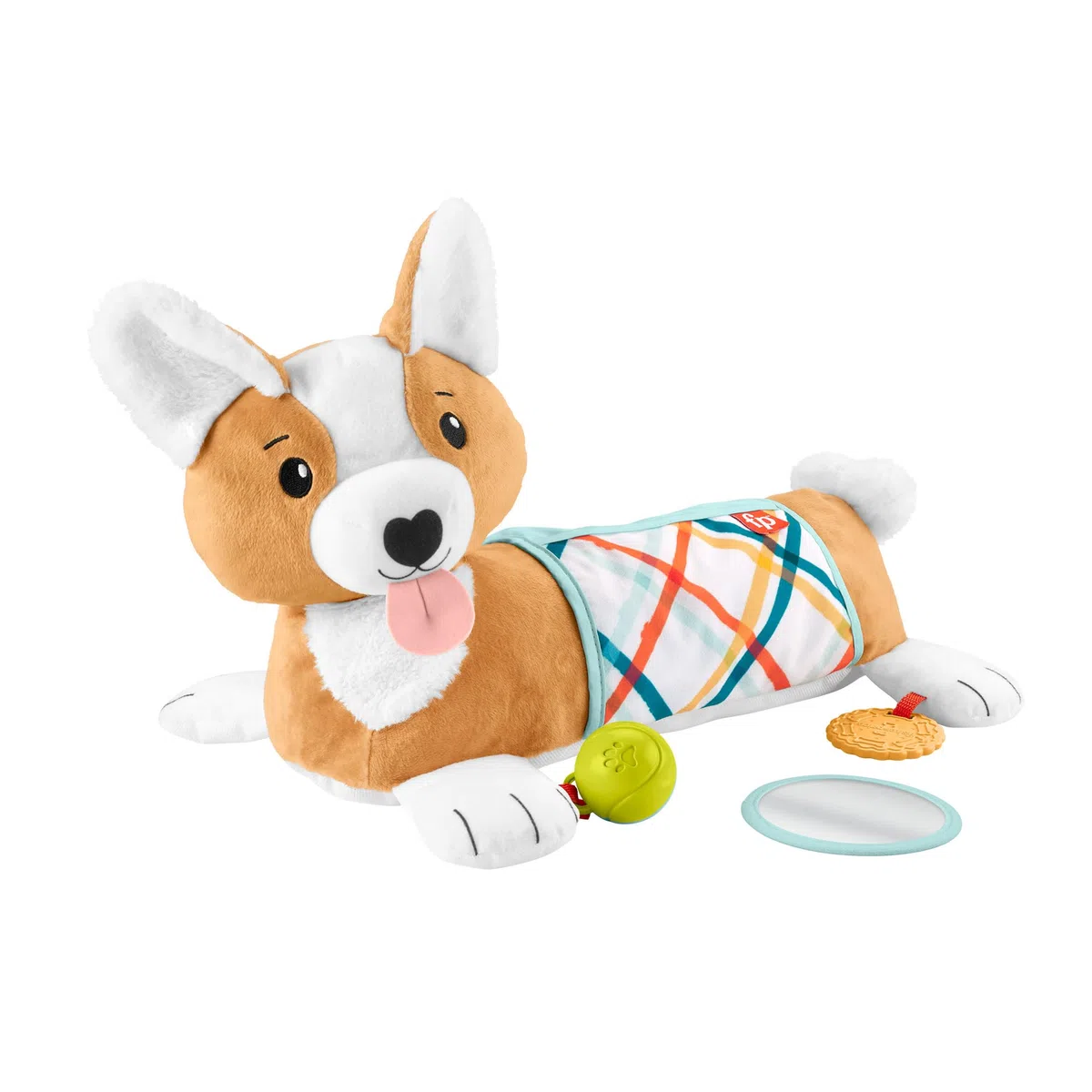 Fisher-Price - Cuscino Corgi Tummy Time 3 in 1, sostiene Il Bambino in 3 Modi Durante Ogni Fase della Crescita: disteso, Seduto, per Gioco di Ruolo; con 1 specchietto e sonaglino Senza BPA, HJW10