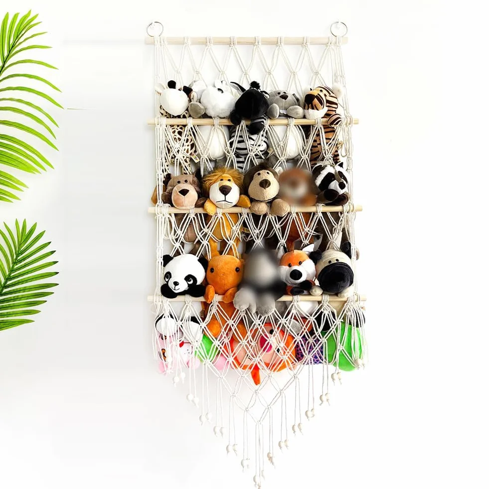 Amaca Portapeluche con Corda di Cotone - Rete Sospesa Intrecciata a Mano per Camera dei Bambini