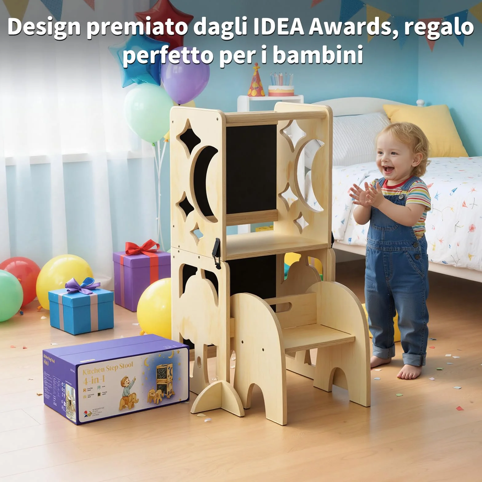 COSYLAND Torre Montessoriana Bambini 4 in 1 - Torretta Montessoriana con Scrivania e Sedia in Legno Naturale
