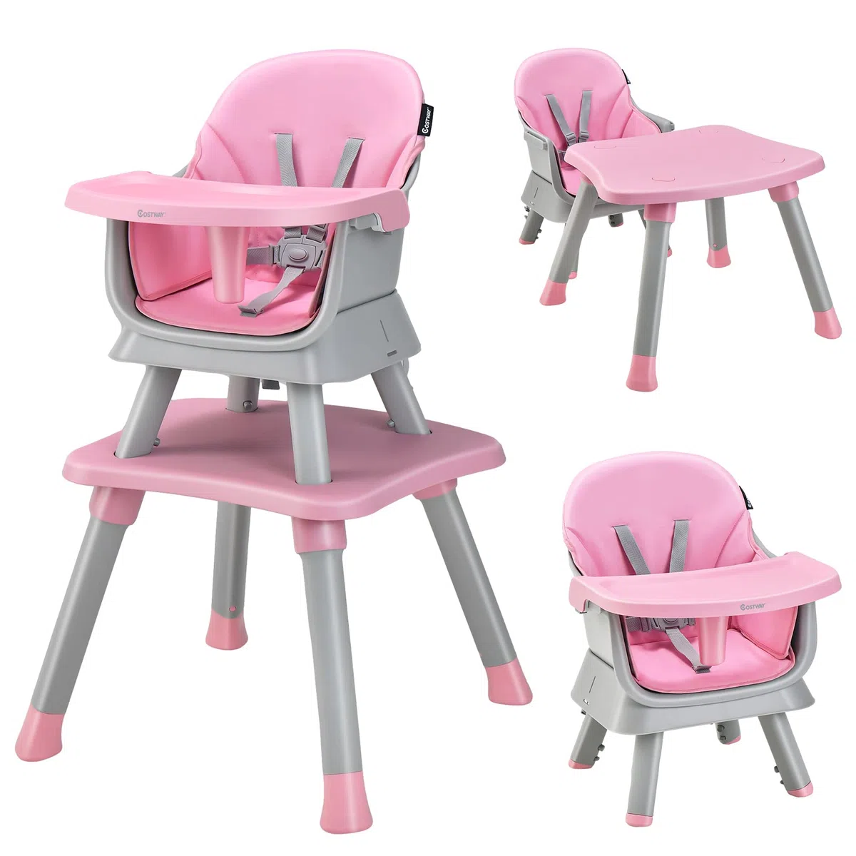 COSTWAY 6 in 1 Seggiolone Pappa per Bambini, Seggiolone per Neonati Convertibile, con Vassoio Rimovibile e Regolabile, Imbracatura a 5 Punti, Tavolo per Costruzioni, per Bambini 6+Mesi (Rosa)