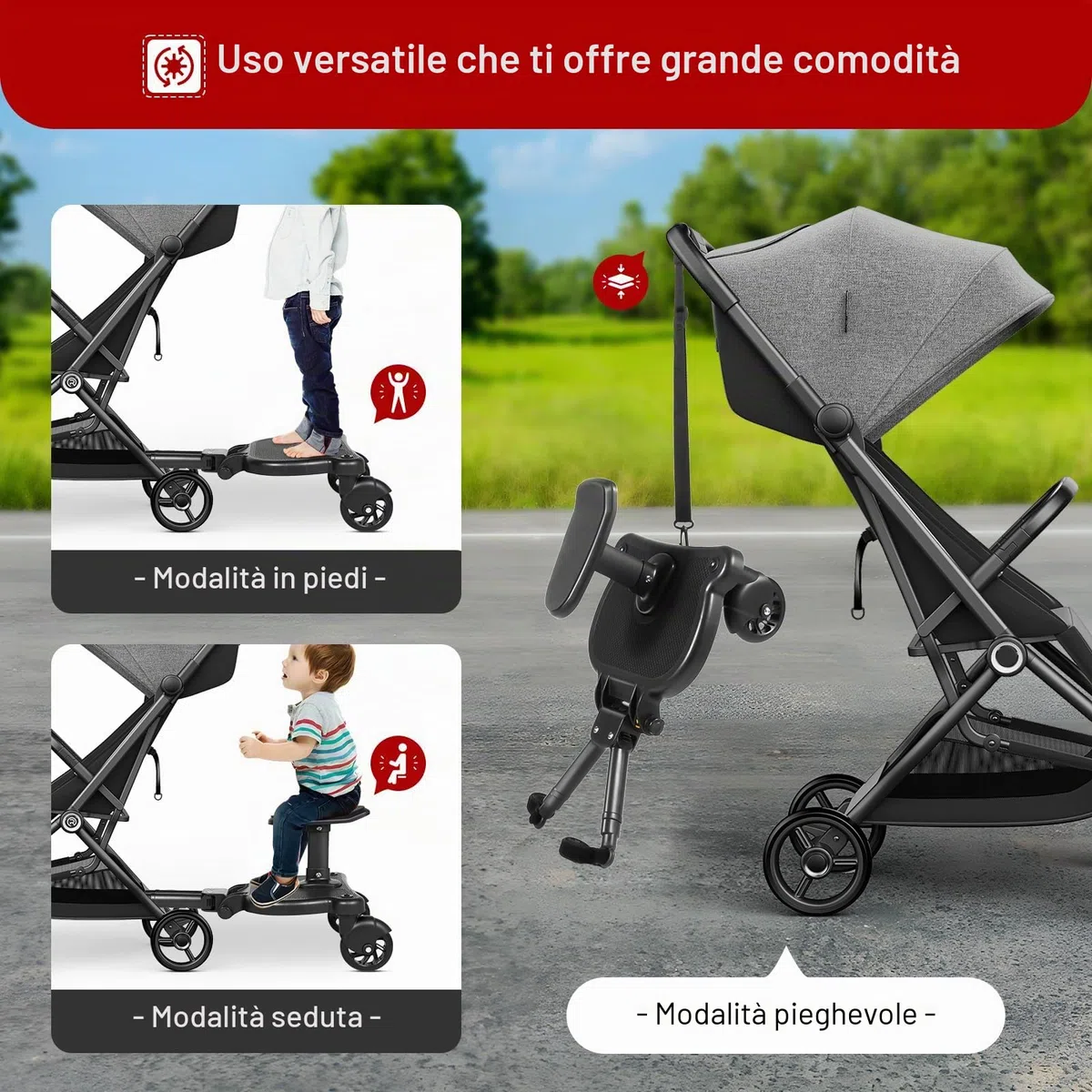 Passeggino con sedile, passeggino, poggiapiedi per passeggino, universale, per bambini dai 2 ai 6 anni, cuscinetto 25 kg (nero)