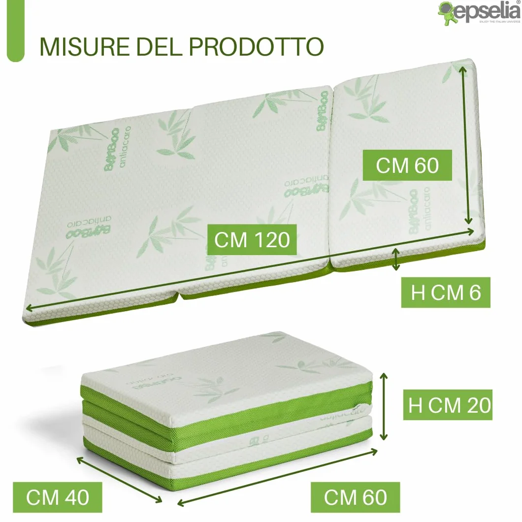 EPSELIA Materasso Lettino per Bambini Pieghevole BAMBU' BIO con Borsa per Viaggio o Campeggio, cm 60x120 H6 Certificato Antisoffoco EN16890:2017 Poliuretano con Fori CertiPUR™ OEKO-TEX®