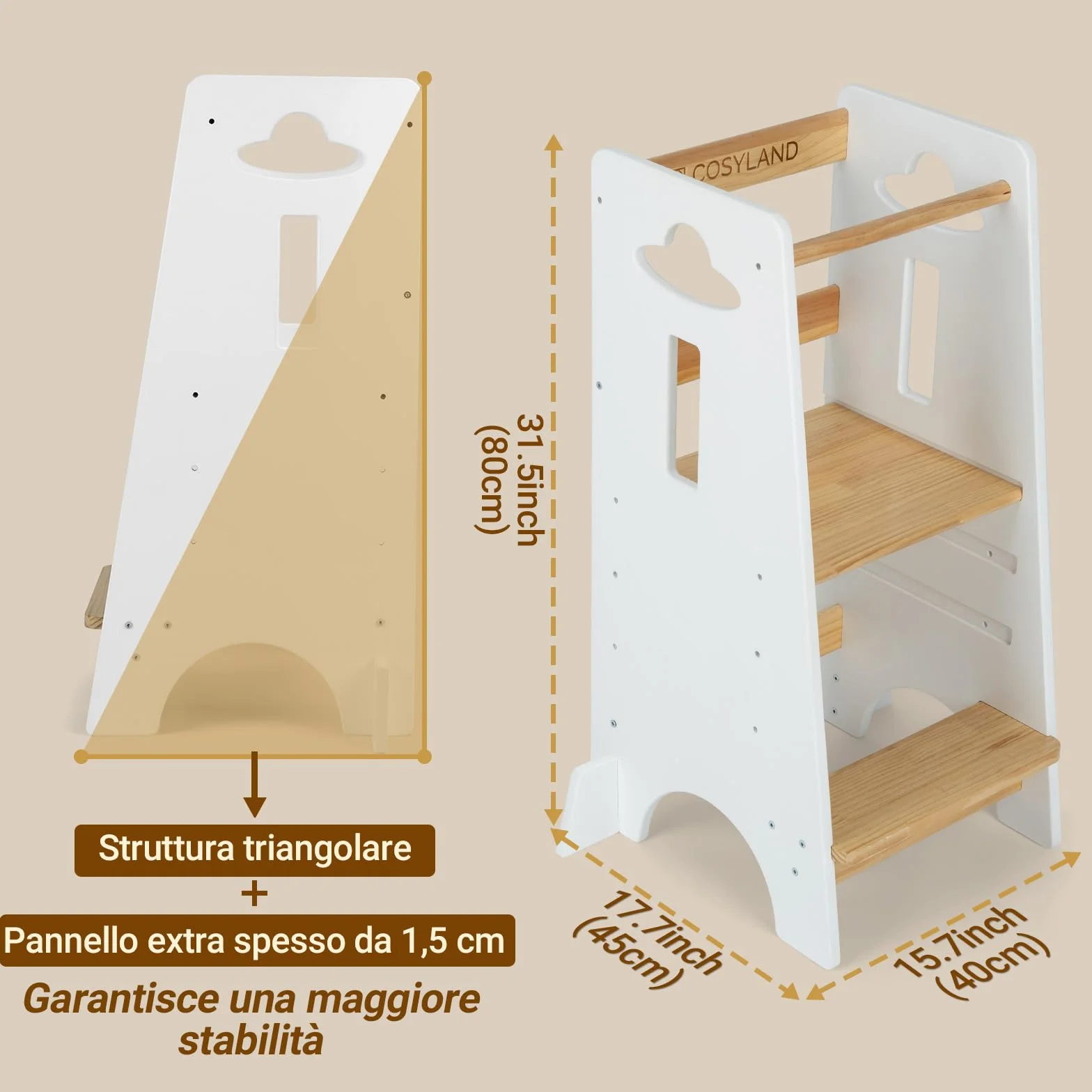 COSYLAND Torre Montessoriana Bambini 1 Anno – Torretta Montessoriana Legno Spesso Regolabile 3 Altezze Bianco Classico Naturale