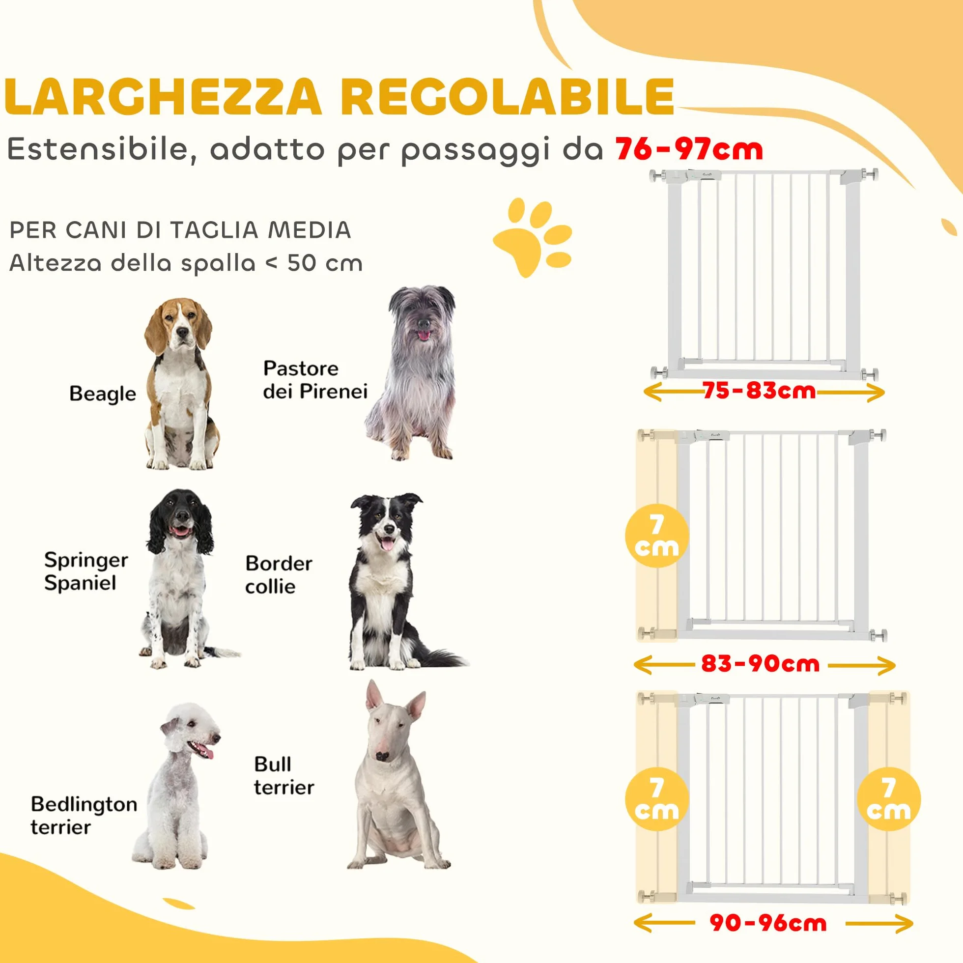 PawHut Cancelletto di Sicurezza per Cani con Fissaggio a Pressione, Cancellino per Cani Estensibile 76-97cm per Scale e Porte, Bianco