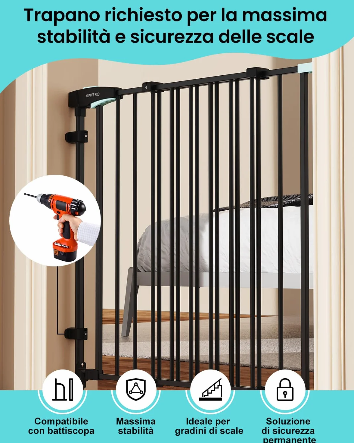 YEAUPE PRO Griglia di protezione per scale senza foratura, per bambini, 75 – 110 cm, telescopica, griglia di protezione per scale e porte, griglia di protezione per porte e cani, apertura manuale a 1