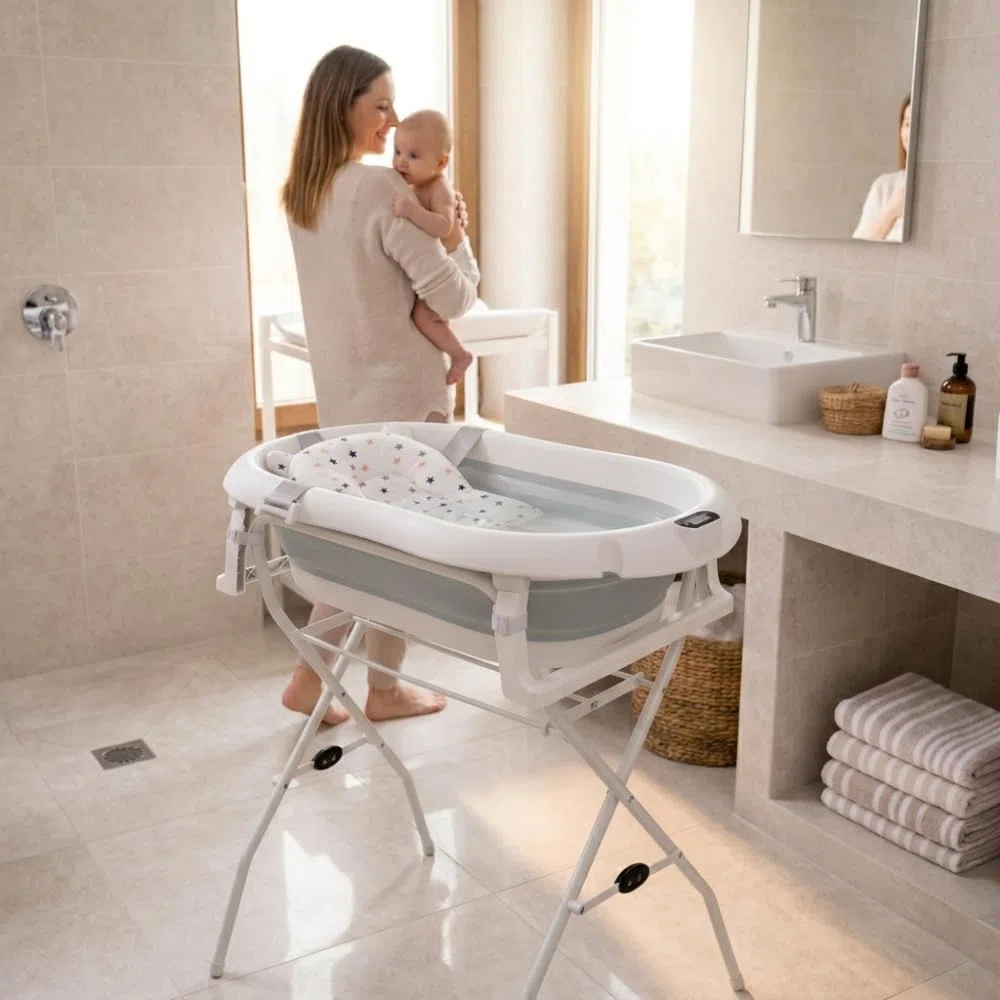 Pieghevole Vaschetta Bagnetto Neonato con Supporto 80cm - Vasca da Bagno Bambini 1-3 Anni con Termometro Incorporato e Tubo di Scarico - Offri il massimo comfort al tuo bambino