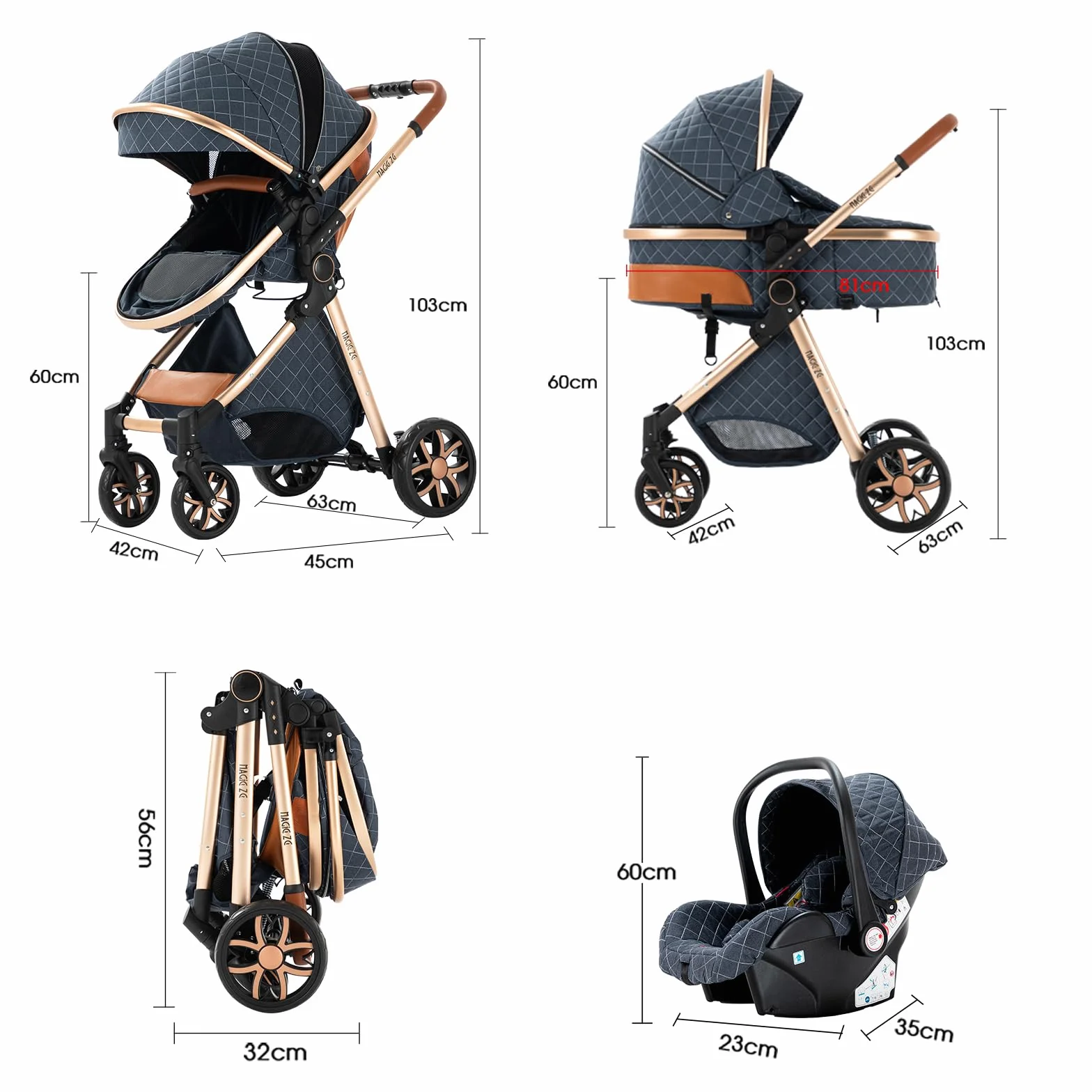 Nine point nine Trio Passeggino Neonati 3 in 1 con Telaio in Alluminio V9 Khaki