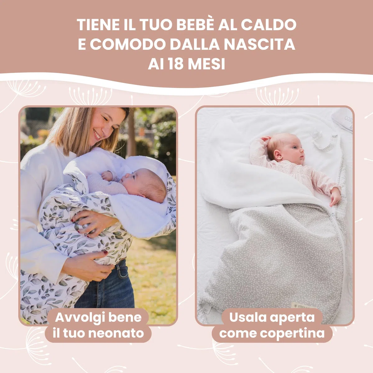 MIMUSELINA Sacco Nanna Invernale 0-6 Mesi Universale | Per Passeggino, Culla e Ovetto | Copertina Neonato Invernale Cotone Morbido e Caldo | 2 in 1: Sacco 92x46 cm o Coperta 92x92 cm