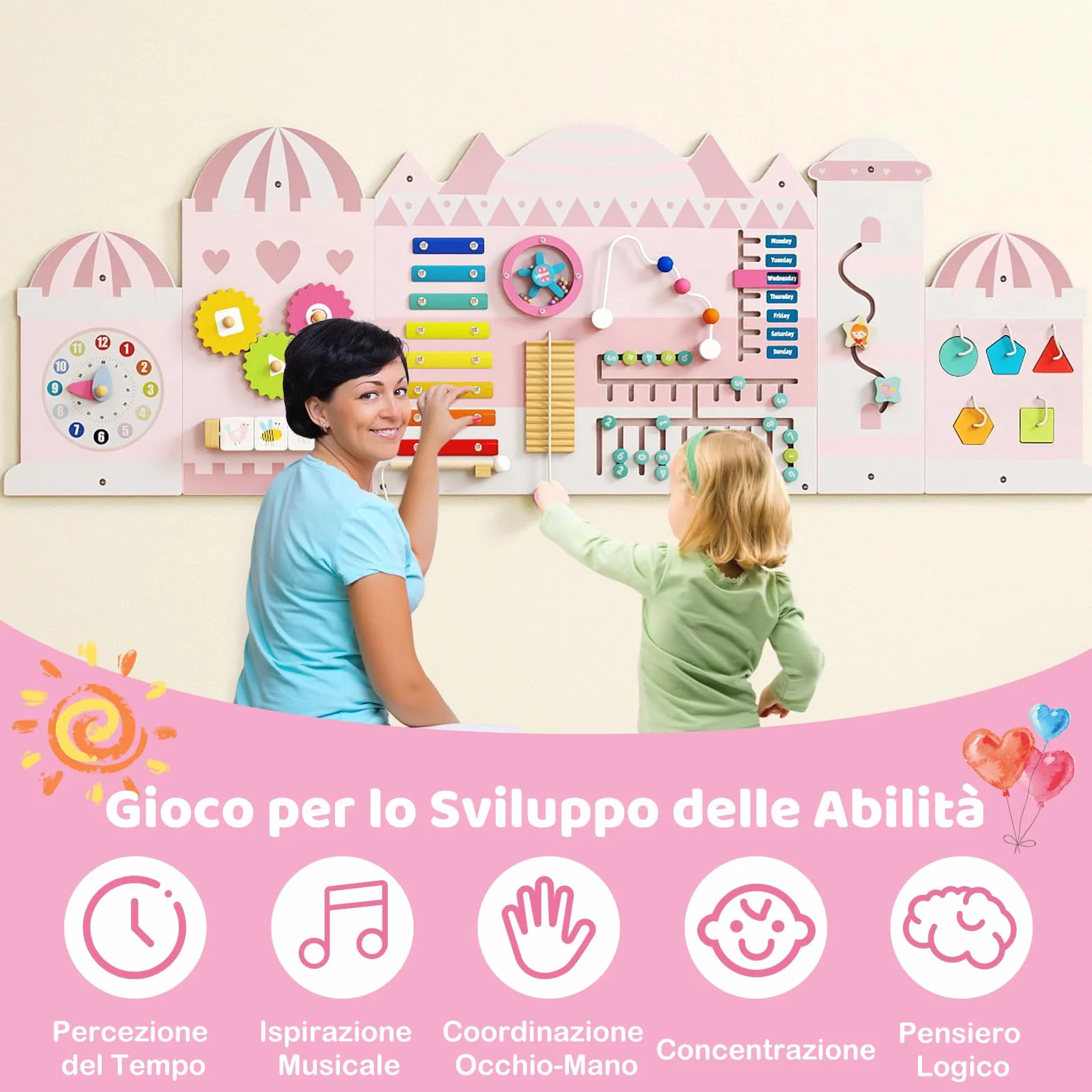 COSTWAY Pannelli da Parete con attività, Busy Board 11 in 1 Montessori in Legno per Sviluppo Sensoriale, Centro di attività Educativo Montato a Parete per Stanza Giochi, Asilo Nido (Castello)