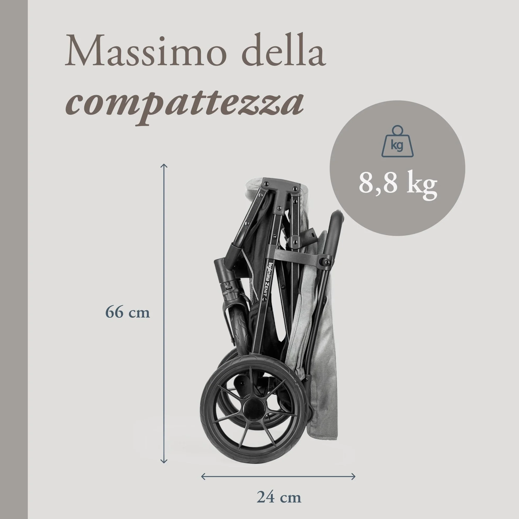 Inglesina Zenit Passeggino Compatto Grigio, Fino a 22kg, Ruote con Sospensioni, Seduta Ampia