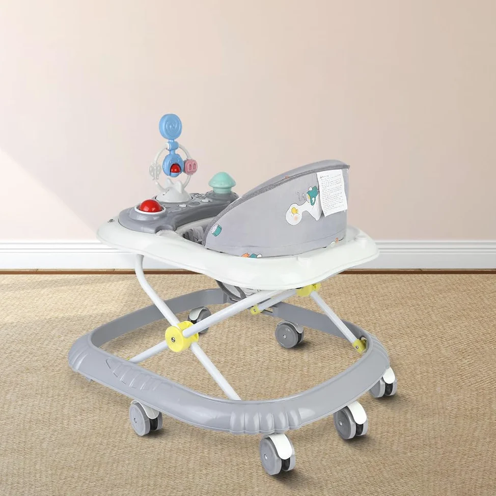 Girello per bambini 5 in 1, girello pieghevole per bambini, con 4 altezze regolabili, luci, musica, vassoio attività rimovibile, portata 12 kg, per 6 mesi-67 x 72 x 92 cm, grigio (B)