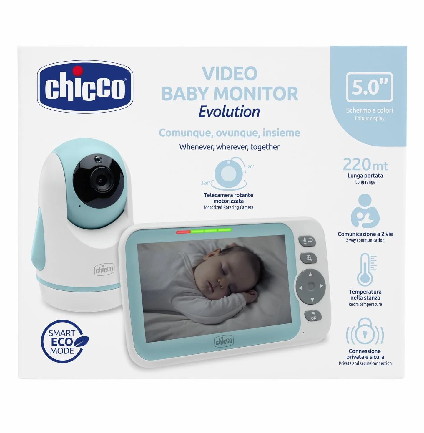 Chicco Baby Monitor Video Evolution 5" Telecamera Rotante Schermo a Colori 220m Termometro Suoni Bianchi No WIFI