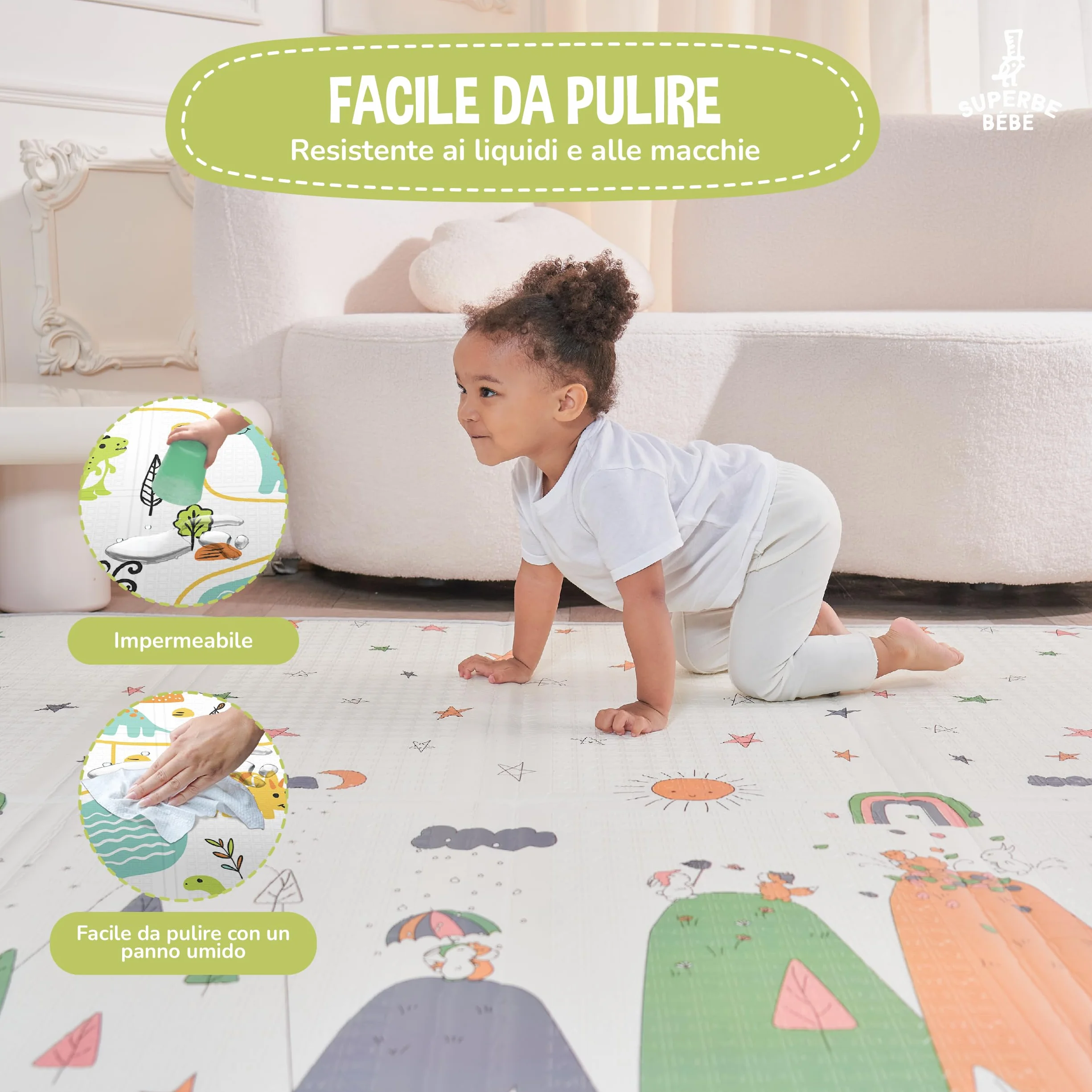 Tappeto Gioco Bambini Pieghevole 150x180x1cm Montessori Reversibile Impermeabile Schiuma Tummy Time Neonati