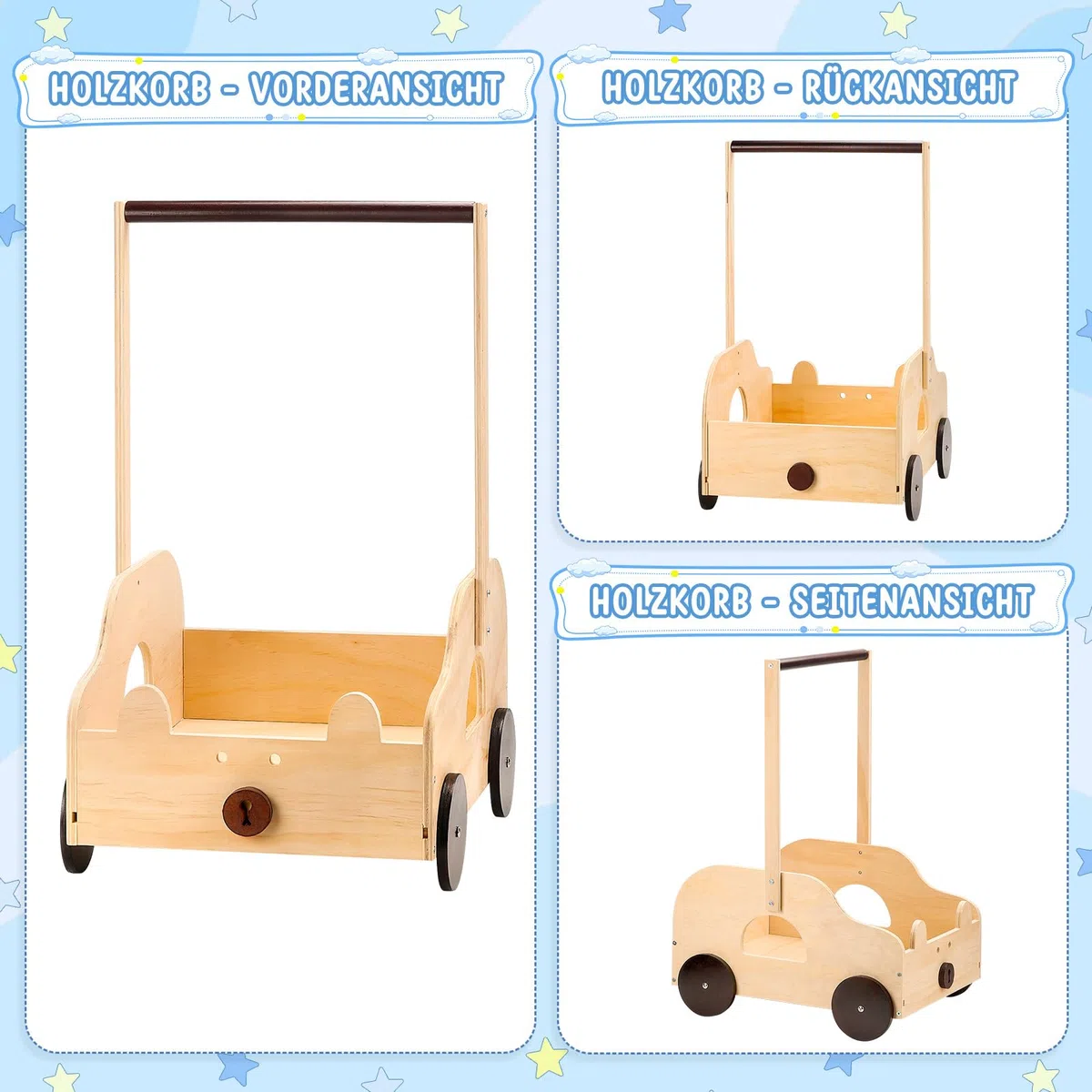 ONUEMP Cestino per bambini in legno con motivo orso, contenitore con ruote e maniglia, 40 x 30 x 58 cm, scatola regalo personalizzabile, per baby shower, legno naturale