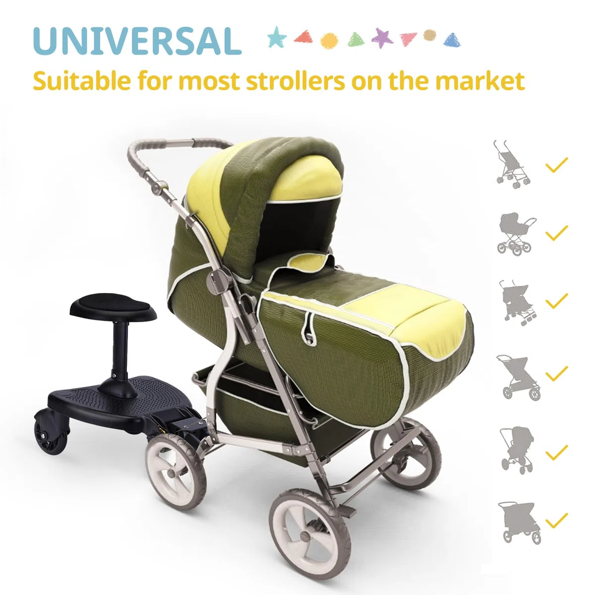 Vihir Pedana Passeggino Universale con Sellino, Tavolette Portatili per Passeggini con Sedile più Ampio e Alto, Buggy Board per bambini di 2-6 anni (25 kg), con Due Cuscinetti Antiscivolo