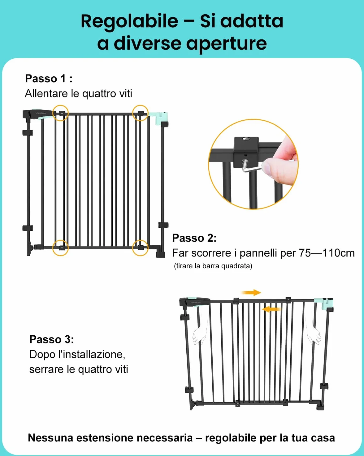 YEAUPE PRO Griglia di protezione per scale senza foratura, per bambini, 75 – 110 cm, telescopica, griglia di protezione per scale e porte, griglia di protezione per porte e cani, apertura manuale a 1