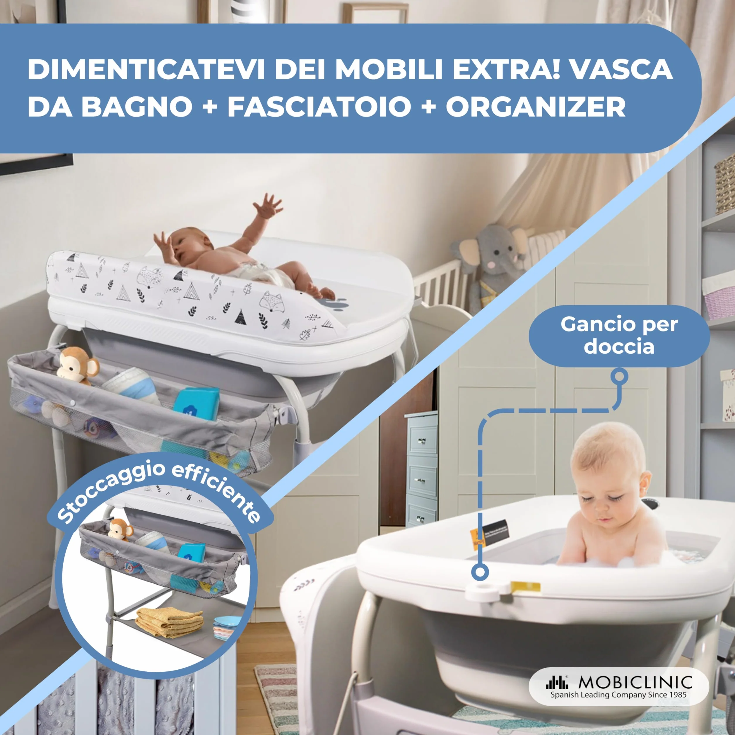 Mobiclinic Fasciatoio con vaschetta bagnetto 2 in 1, Regolabile 4 altezze, Fino a 50 kg, 0-36 mesi