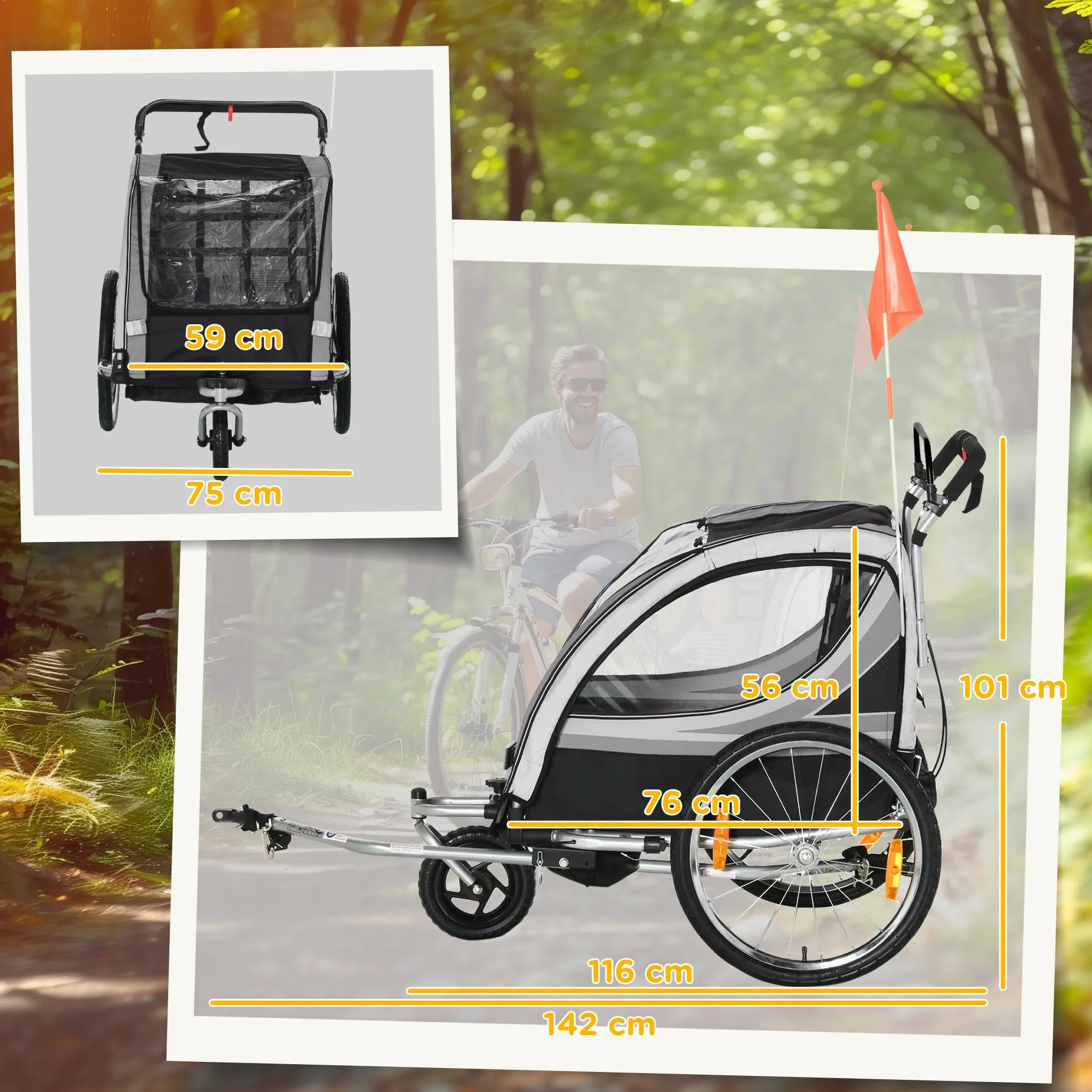 HOMCOM 2 in 1 Kinderfahrradanhänger mit Mesh-Tür, 360° Drehbares Vorderrad, Buggy mit Bremse, 142 x 75 x 101 cm