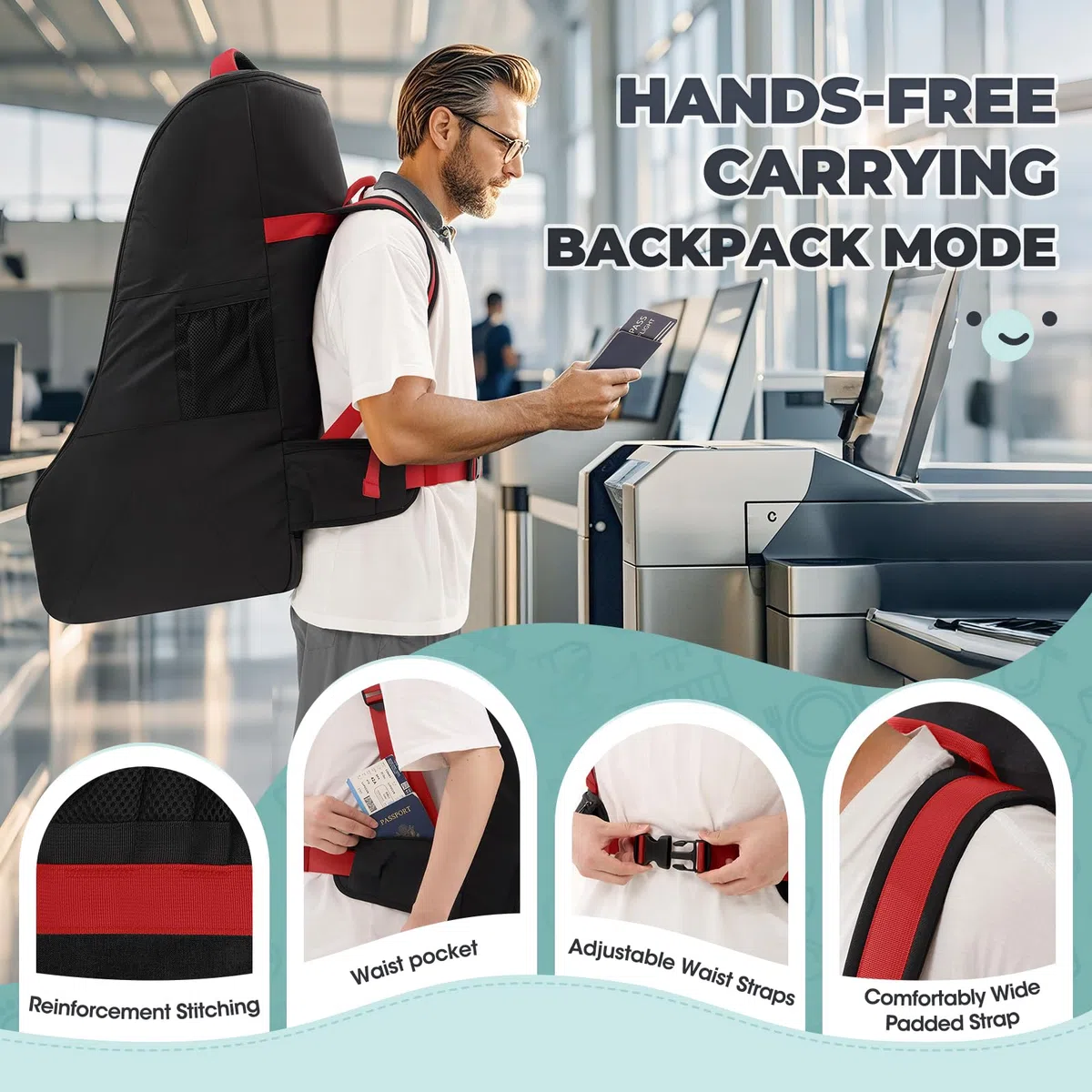 RAINSMORE Borsa da Viaggio per Seggiolino Auto per Aereo, Impermeabile Borsa da Trasporto Per Seggiolino Auto con Tracolla, Zaino per Seggiolino Auto per Viaggi Aerei Gate Check e Stoccaggio