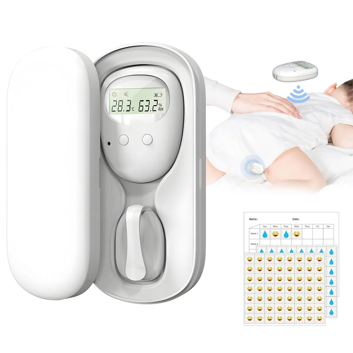Allarme senza fili per bagnarsi sul letto, ricaricabile, ricarica wireless, ricarica USB-C, 3 modalità di lavoro, allenamento vasino con rumore e vibrazioni, allarme pee per bambini e adulti