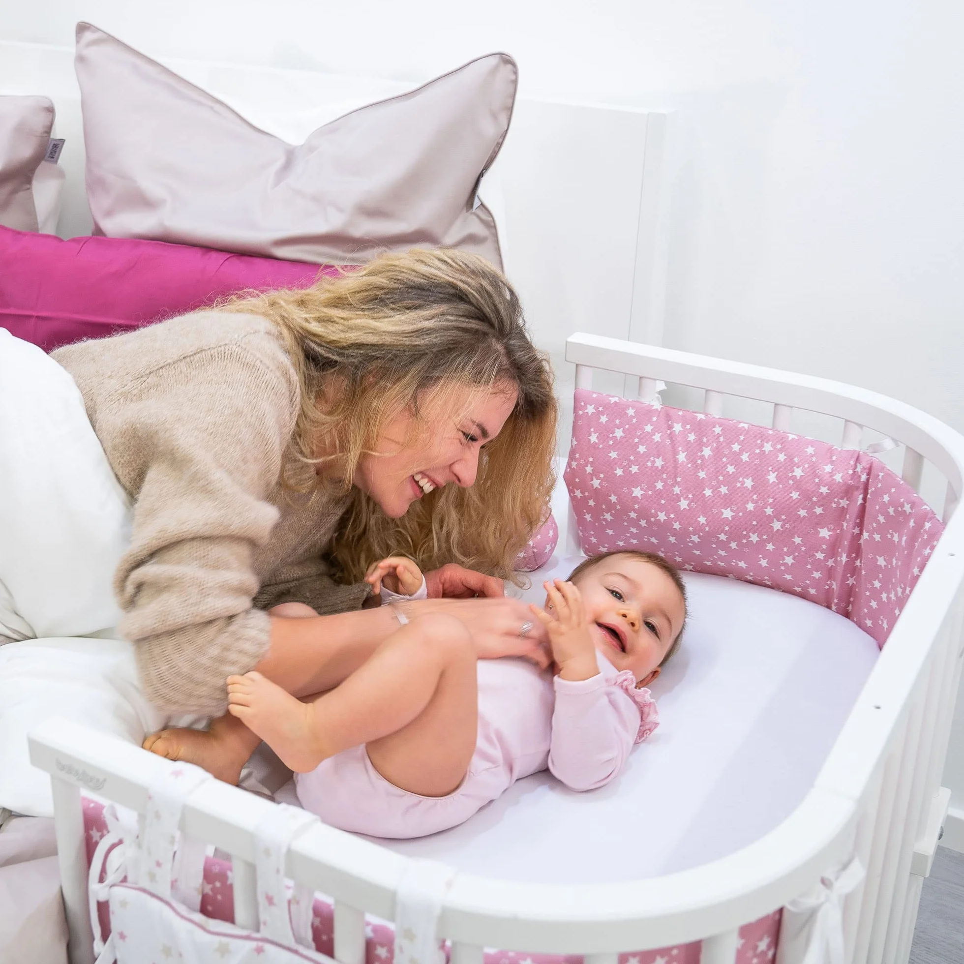 babybay Paracolpi a rete per modello Boxspring XXL, bianco a pois grigio perla