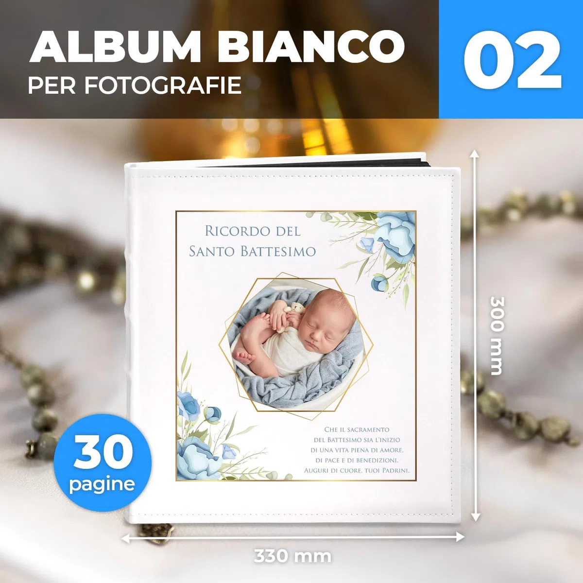 Maverton Album Fotografico - Copertina in Pelle Sintetica Personalizzazione Stampata - 60 pagine nere - 240 foto 10x15cm - regali neonato, battesimo, compleanno - Azzurro