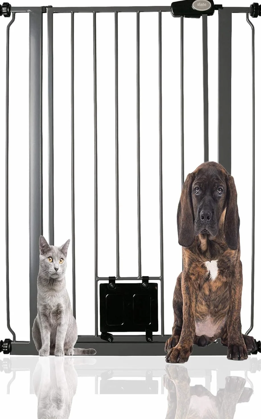 Bettacare Cancelletto per Animali con Gattaiola Bloccabile, 75-84cm, Grigio Ardesia, 104cm, Barriera di Sicurezza Extra Alta per Cani