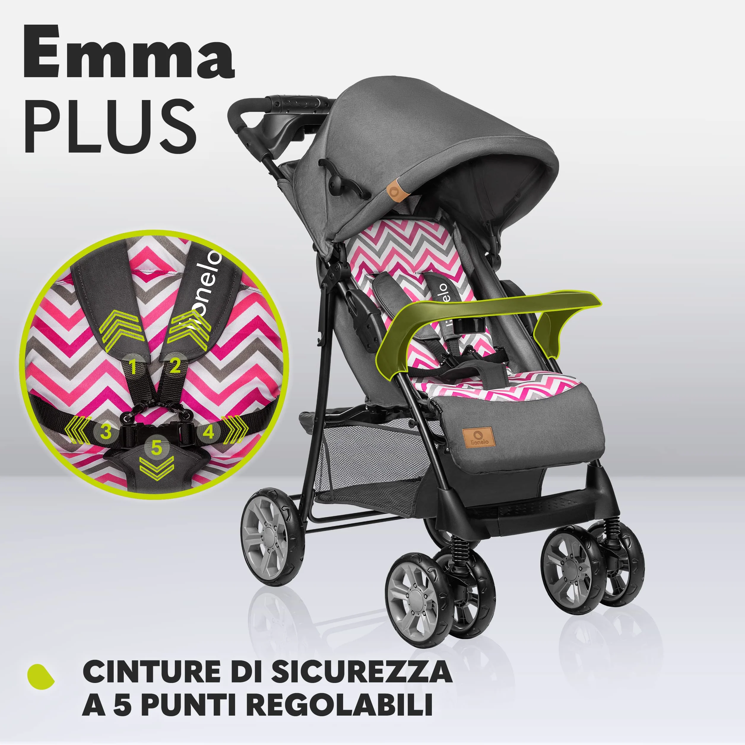 Lionelo Emma Plus Passeggino Leggero Pieghevole 6 Mesi 15kg Schienale Regolabile Sdraiata Cinture 5 Punti Ammortizzatori Cappotina XXL Vassoio Portabibite Borsa