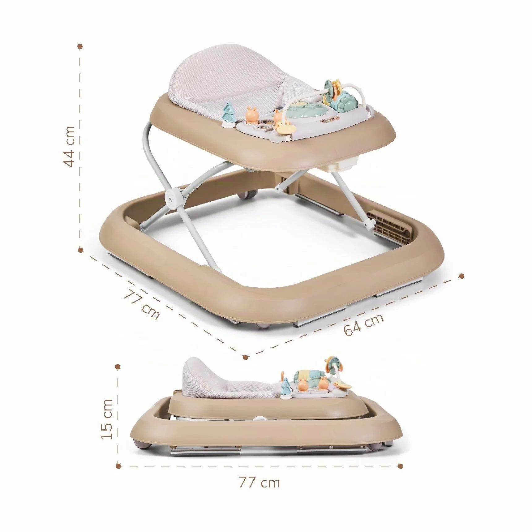 Buddy Baby FUNNY - Deambulatore per bambini + 6 mesi con base antiribaltamento - Include Vassoio con Suoni e Giochi - Pieghevole compatto, altezza regolabile e ruote girevoli a 360° (Sabbia)