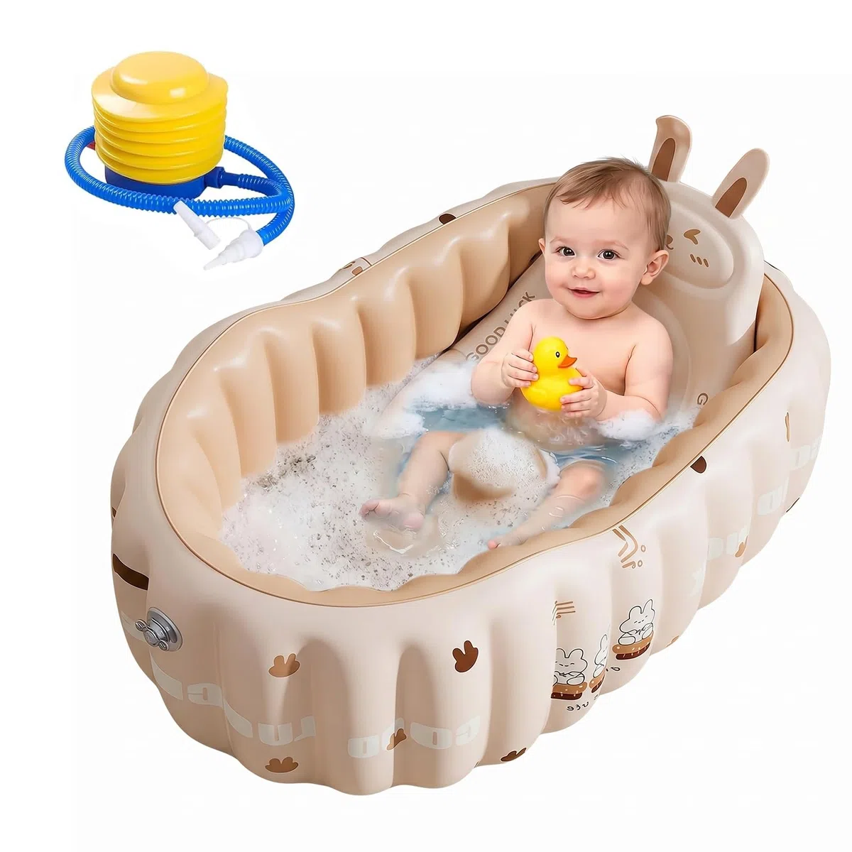 Vasca da bagno gonfiabile per bambini, con schienale e pompa ad aria, antiscivolo, per viaggi e casa, piatto doccia portatile con sedile per 0-18 mesi (rosa)