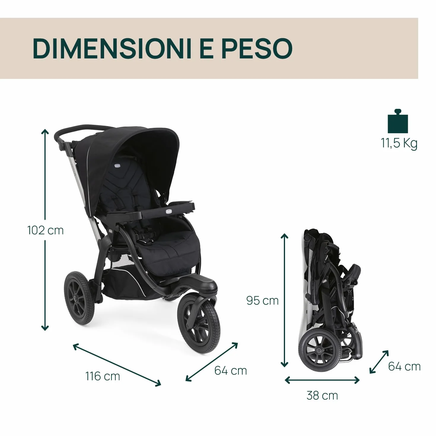 Passeggino Activ3 Con 3 Ruote, Funzionale e Facile da Guidare Su Tutti i Terreni, Seduta Ampia, Schienale Reclinabile, Chiusura Pratica e Veloce, Ammortizzatori Regolabili, 0 Mesi+, Ebony