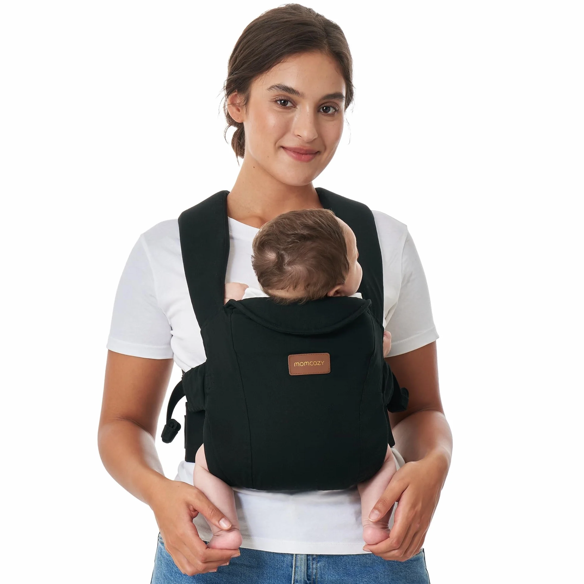 Momcozy Marsupio Porta Bebè per Neonati, Seduta Regolabile con Scala sulla Cintura, Supporto Collo, Chiusura con Anello di Sicurezza, 3,2–11 kg, Nero