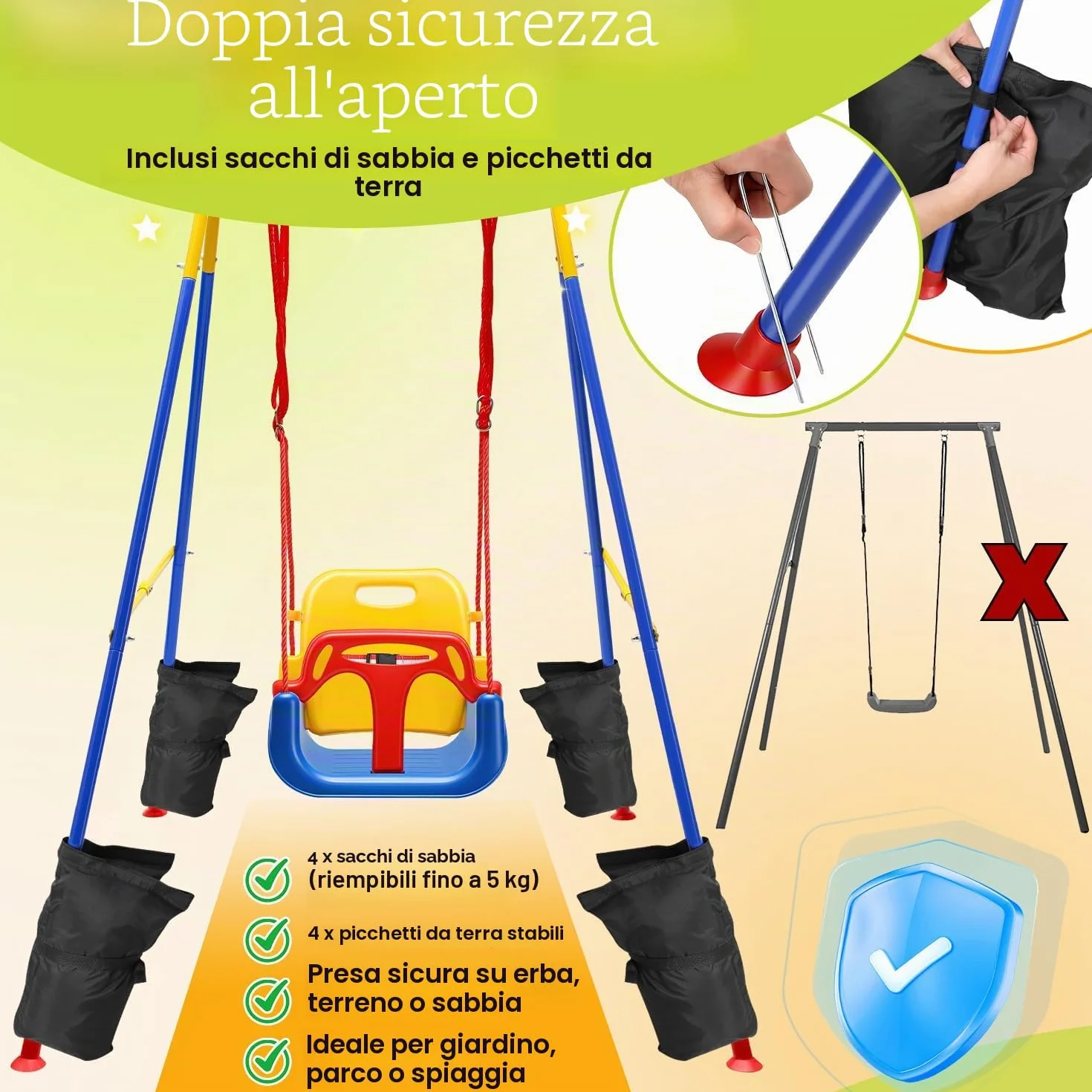 Altalena per bambini, 4 in 1, con telaio – Altalena per bambini, con cintura di sicurezza, pieghevole e 4 sacchi di sabbia, per interni ed esterni, facile da montare