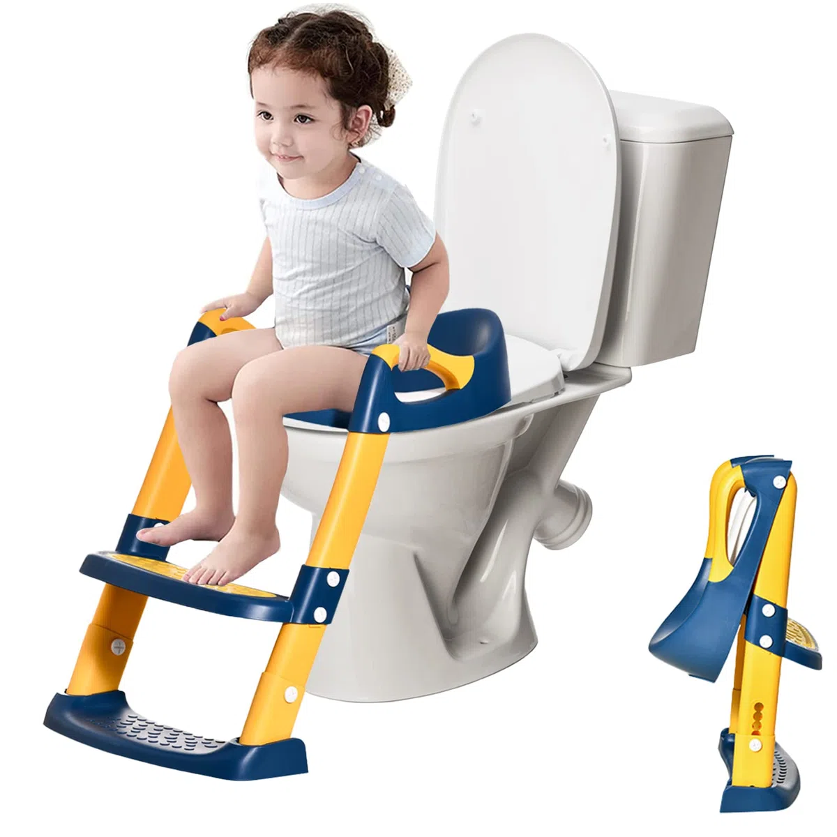 Sedile Riduttore WC per Bambini, Riduttore Water Bambini Regolabile, Toilet Ladder Seat, Pieghevole Training WC Vasino Sedile, Vasino Pieghevole Allenatore WC Scala con Pedali Paraspruzzi Cuscino