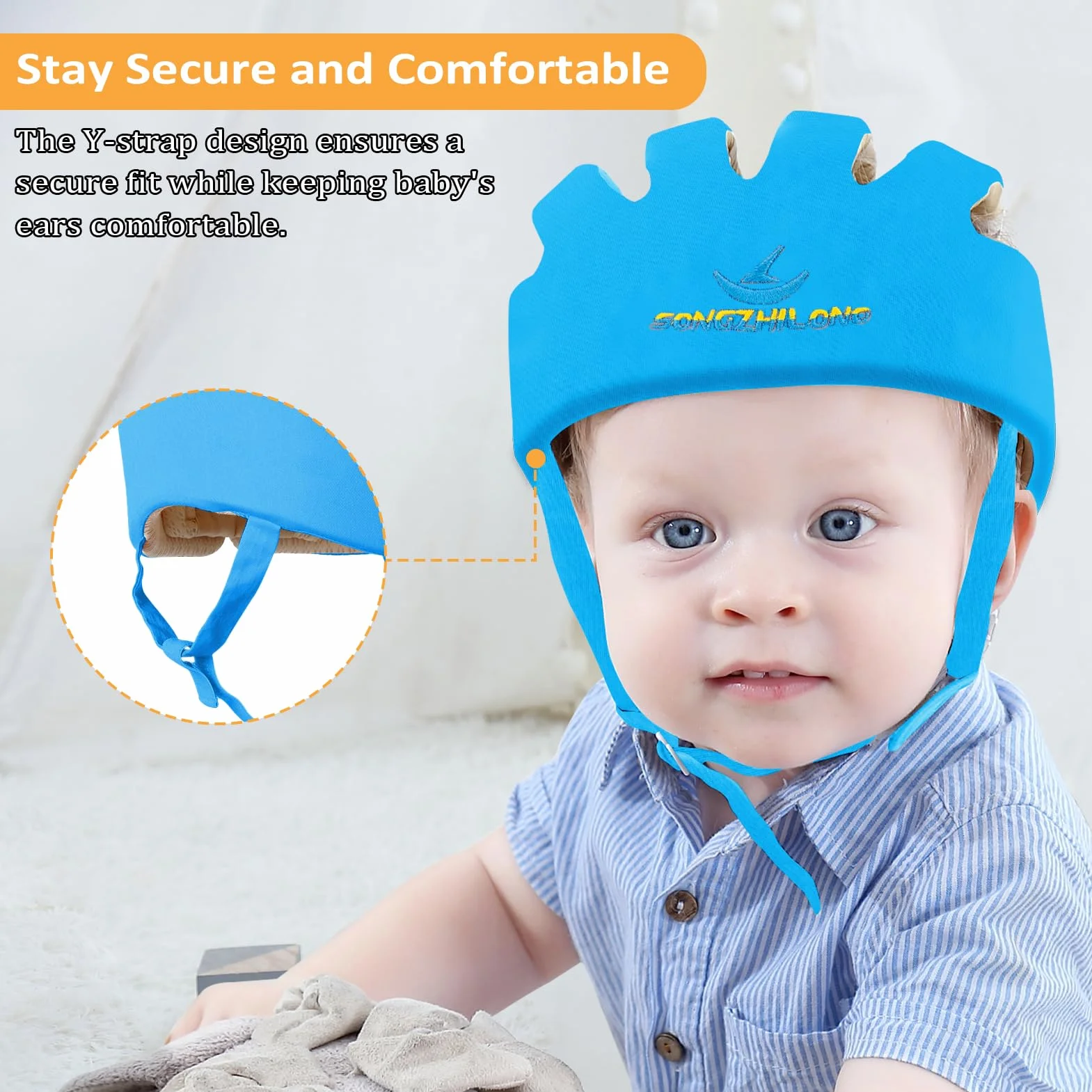 IULONEE Casco Bambino Neonati Cappello di Testa Cotone Regolabile Sicurezza Blu