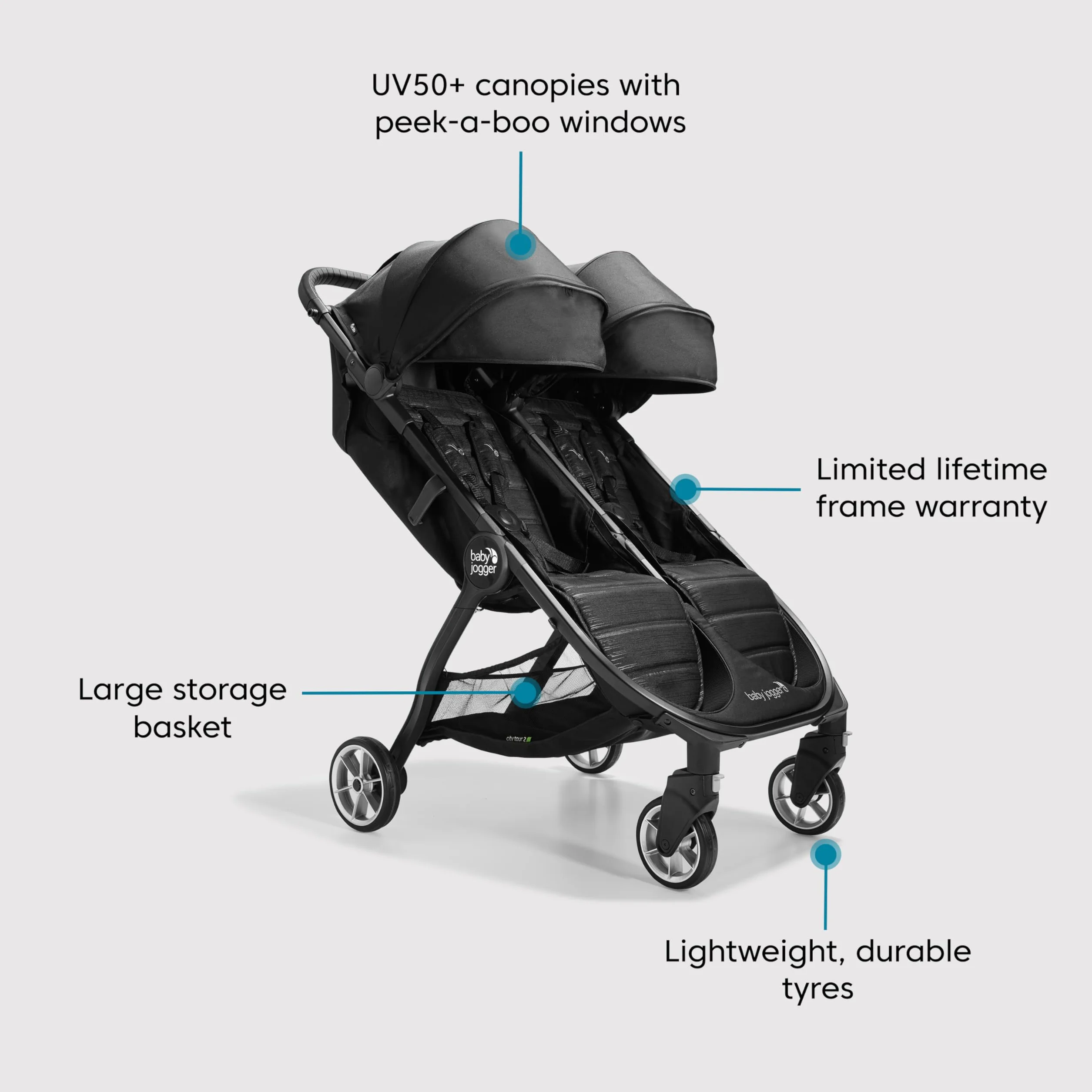 Baby Jogger City Tour 2 Passeggino da viaggio doppio, leggero, pieghevole, portatile, Nero