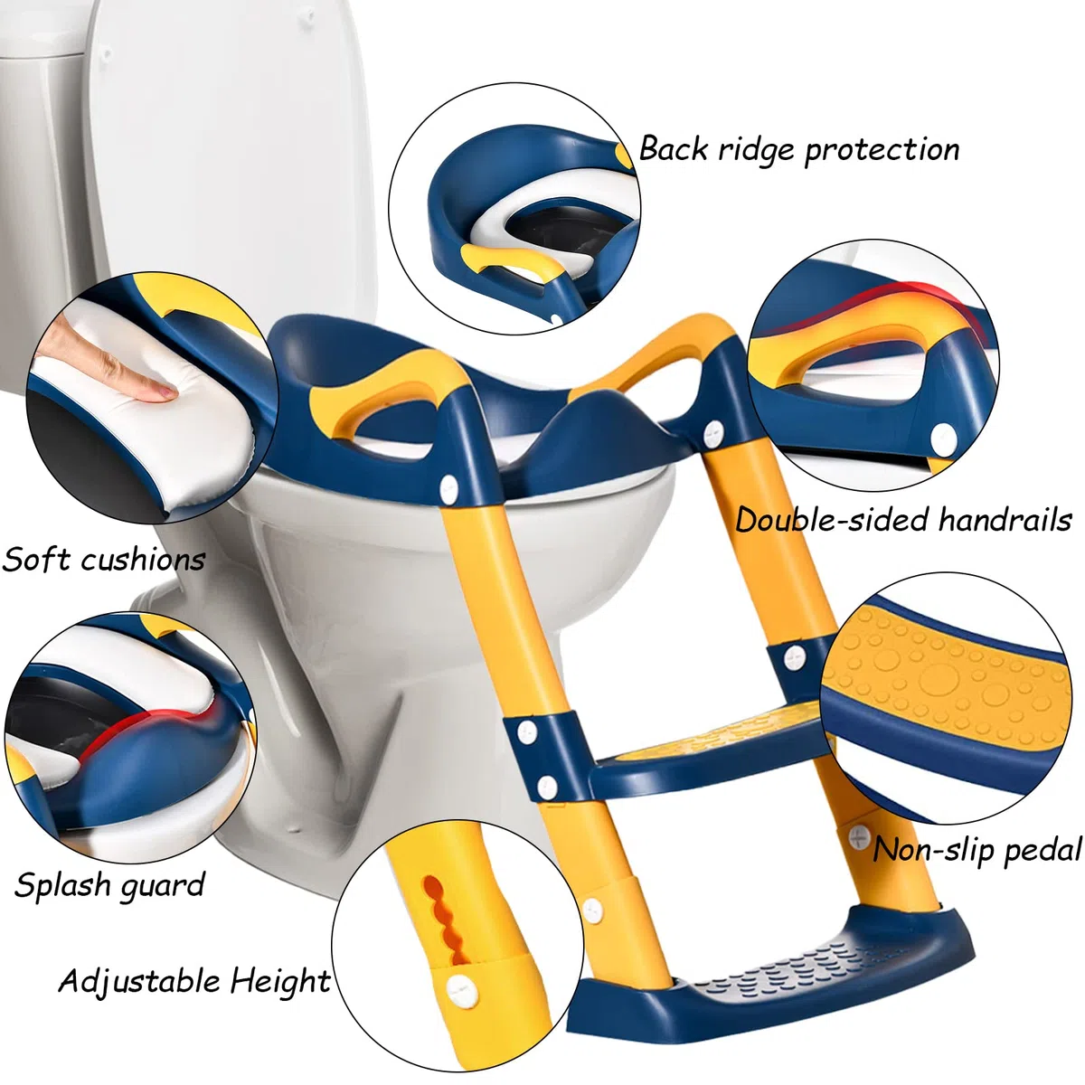 Sedile Riduttore WC per Bambini, Riduttore Water Bambini Regolabile, Toilet Ladder Seat, Pieghevole Training WC Vasino Sedile, Vasino Pieghevole Allenatore WC Scala con Pedali Paraspruzzi Cuscino