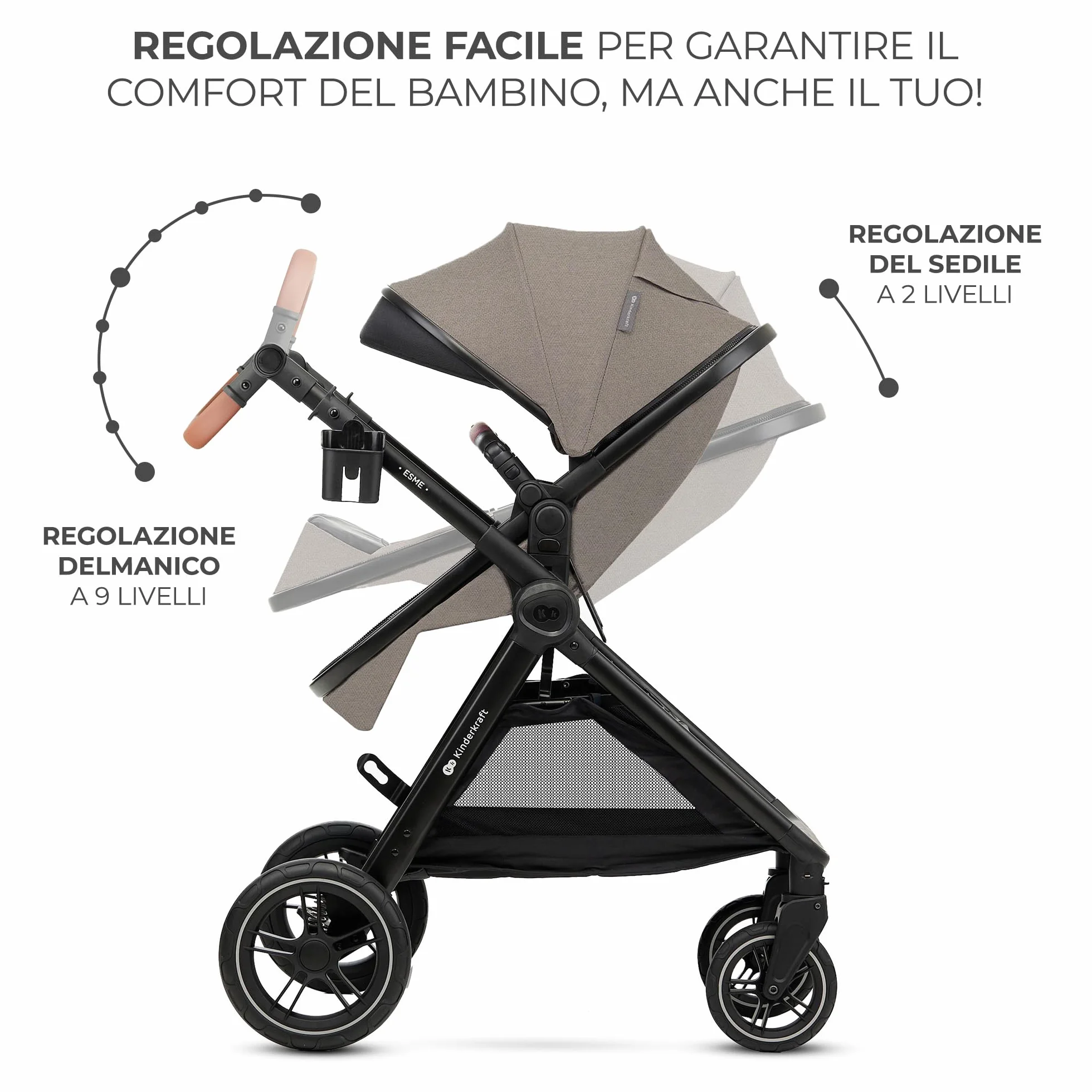 Kinderkraft ESME Trio passeggino neonati 3 in 1 fino 26 kg, Ovetto I-SIZE 40-75 cm, Carrozzina reversibile, Pieghevole, Beige